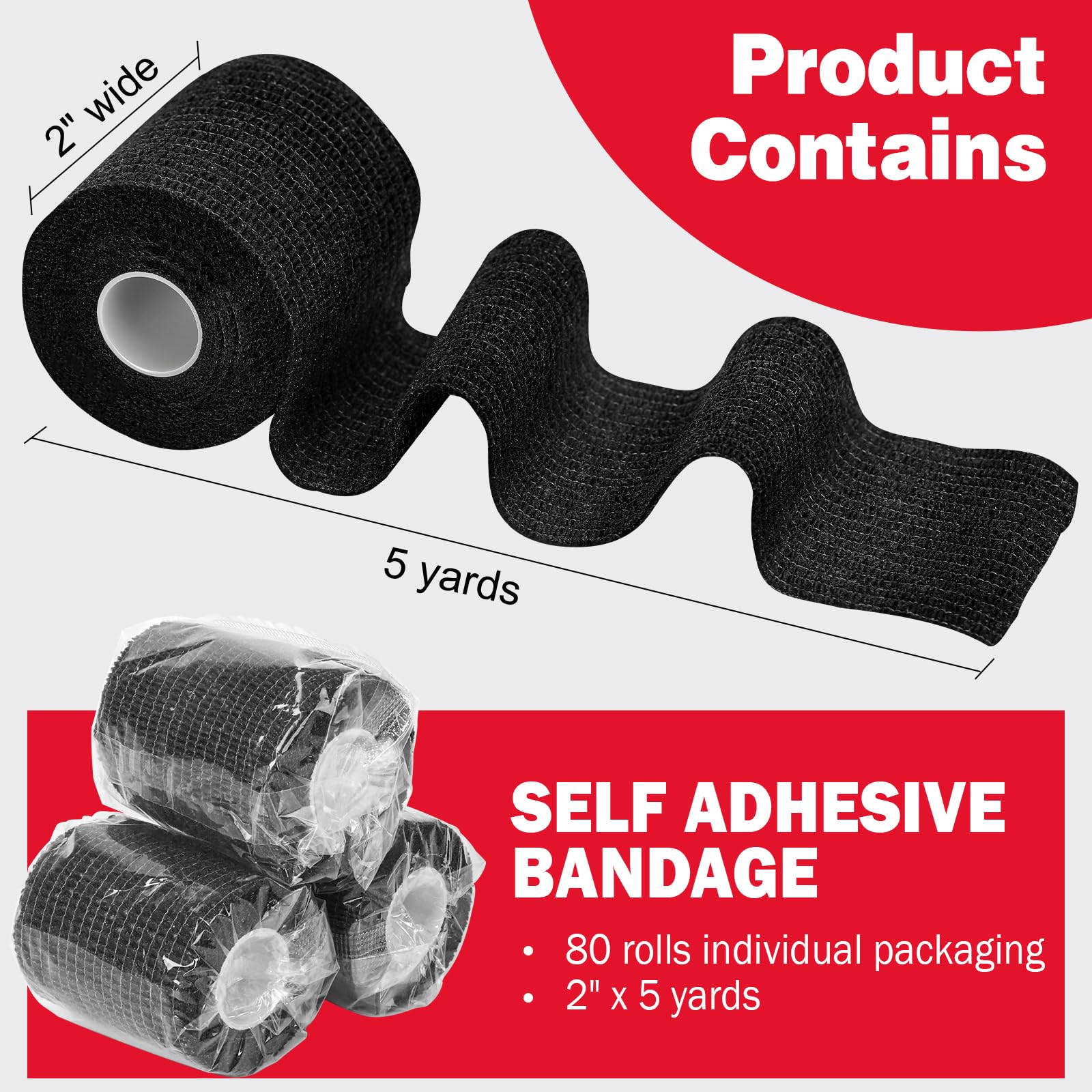 AZEN 80 Pack Self Adhesive Bandage Wrap Black, 2 X 5 Yards Black Athletic Tape, Vet Wrap, Tattoo Grip Tape Wrap,Ankle Tape, Cohe