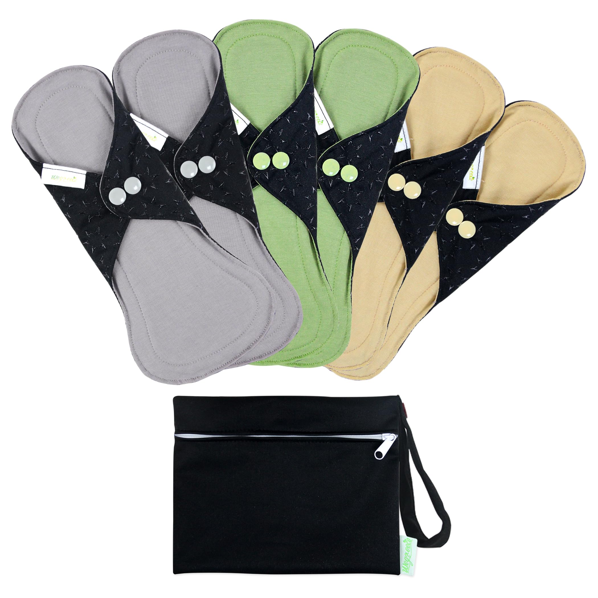 wegreeco 6 Pcs Reusable Menstrual Pads, Ultra Absorbent Cloth Pads for Period, Sanitary Pads for Teens, Women, Nonslip Panty Lin