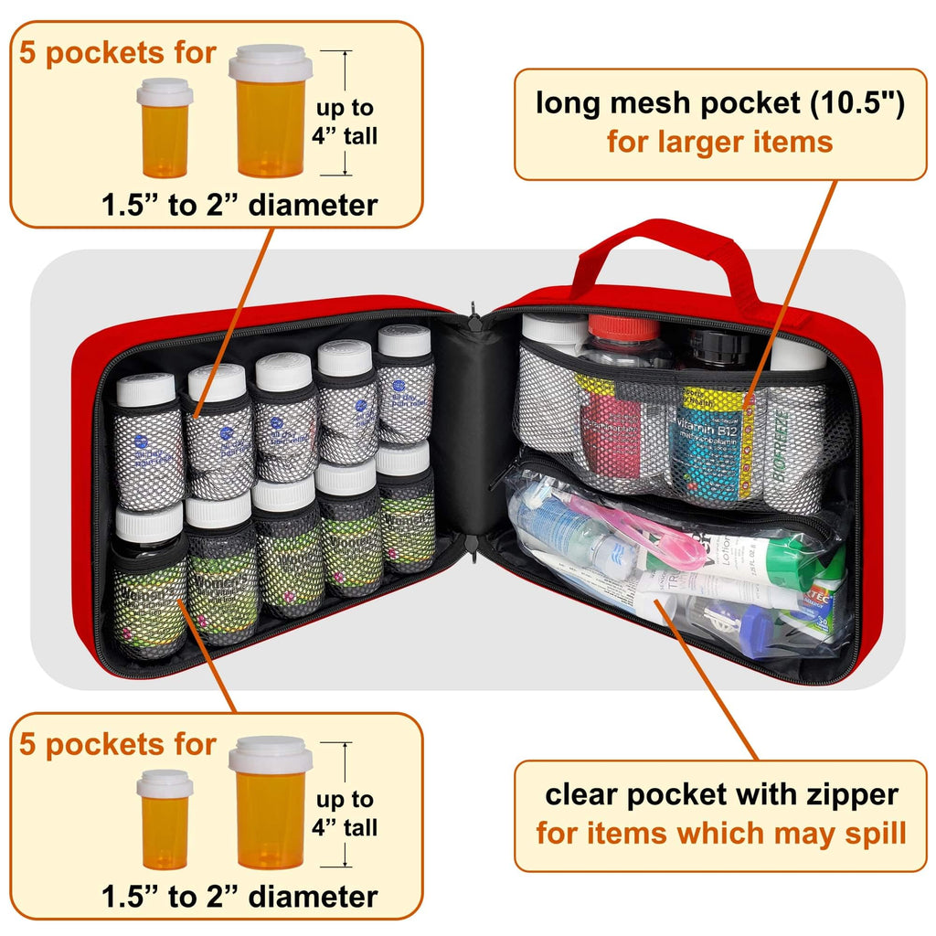 StarPlus2 Large Padded Pill Bottle Organizer, Medicine Bag, Case, Carrier for Medications, Vitamins, and Medical Supplies with F