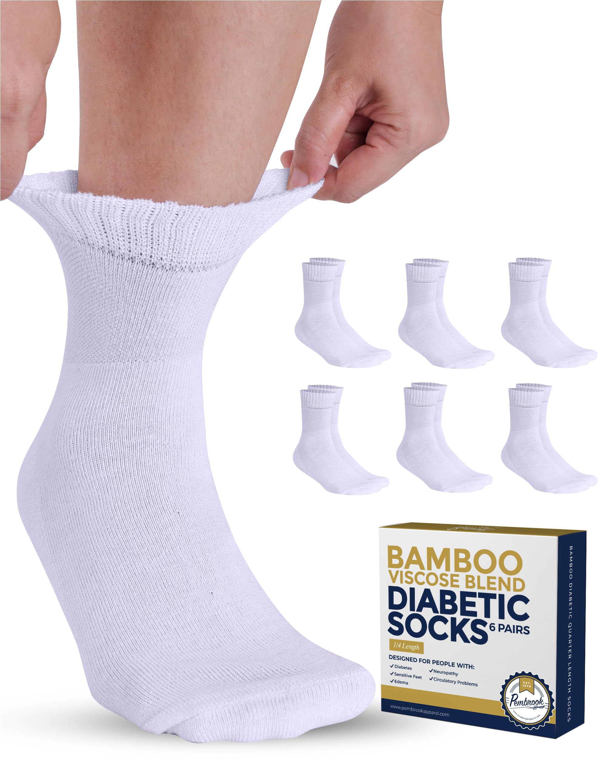 Pembrook Bamboo Viscose Diabetic Socks - 6 Pairs Ankle Socks for Women & Men, Swollen Feet & Neuropathy | Non-Binding