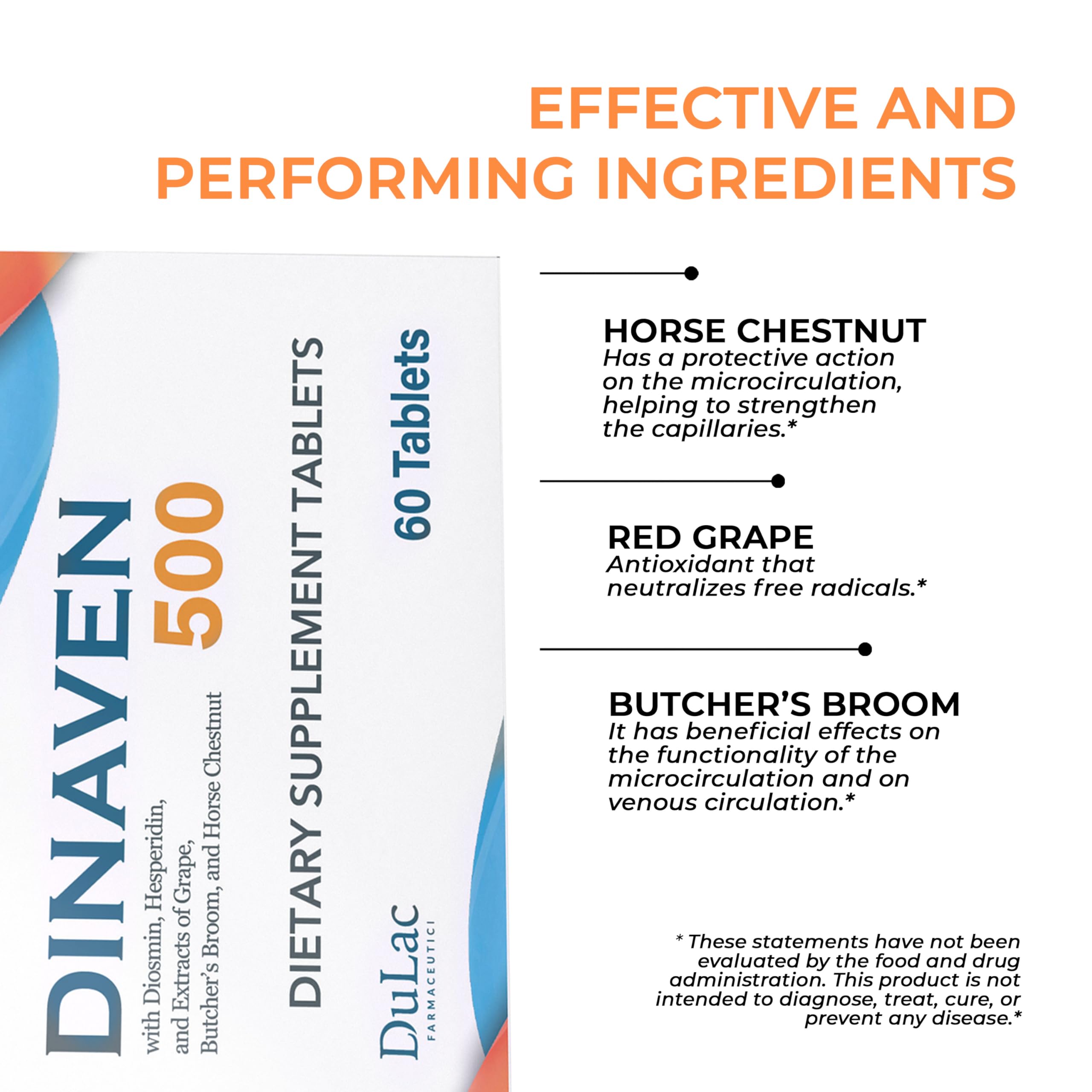 Dulc - Dinaven 500, Diosmin Hesperidin 500mg Dietary Supplement 60 Tablets, Enriched with Butchers Broom, Horse Chestnut Extrac