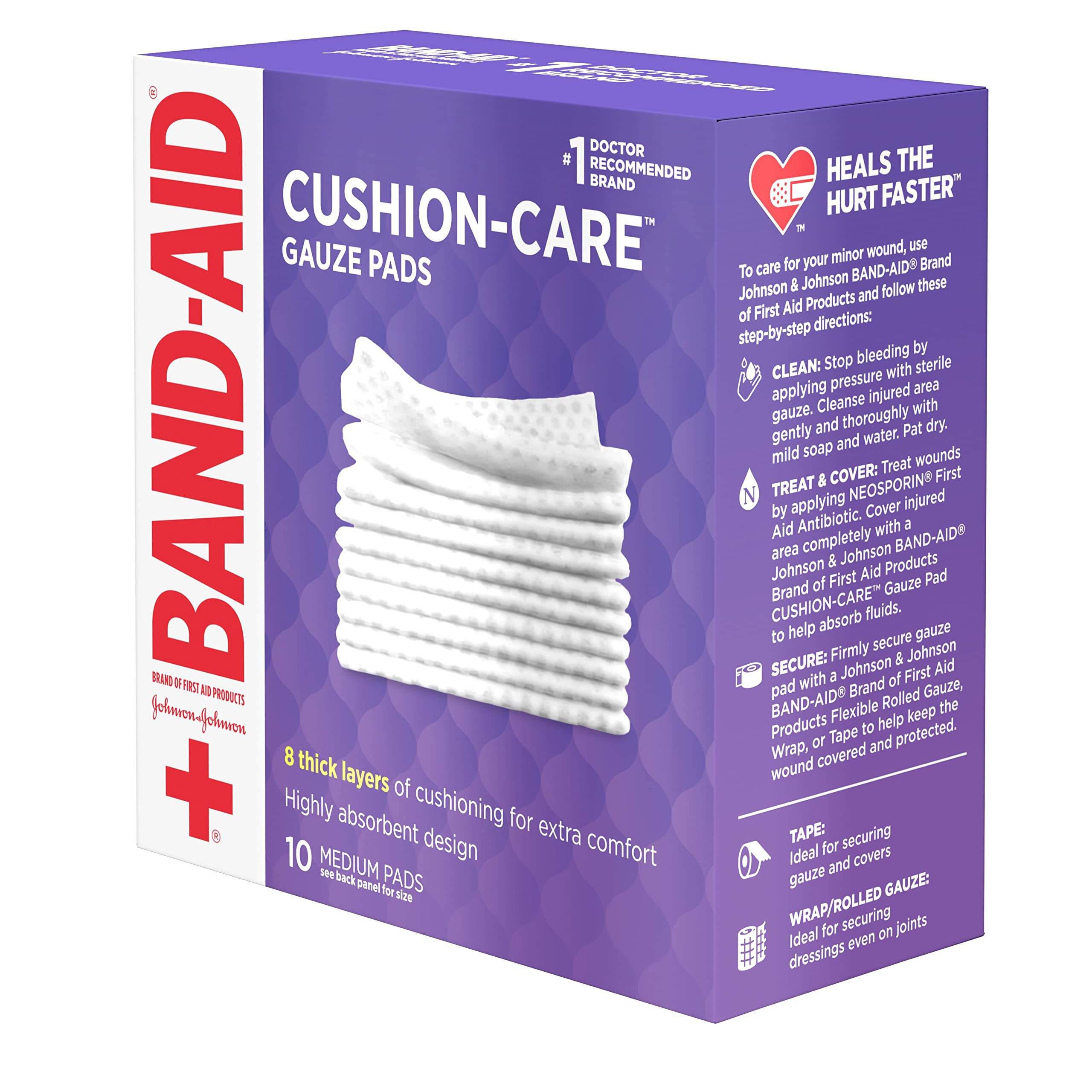Band-Aid Brand Cushion Care First Aid Large Gauze Pads, 4 X 4, 10 Count, Pack of 6