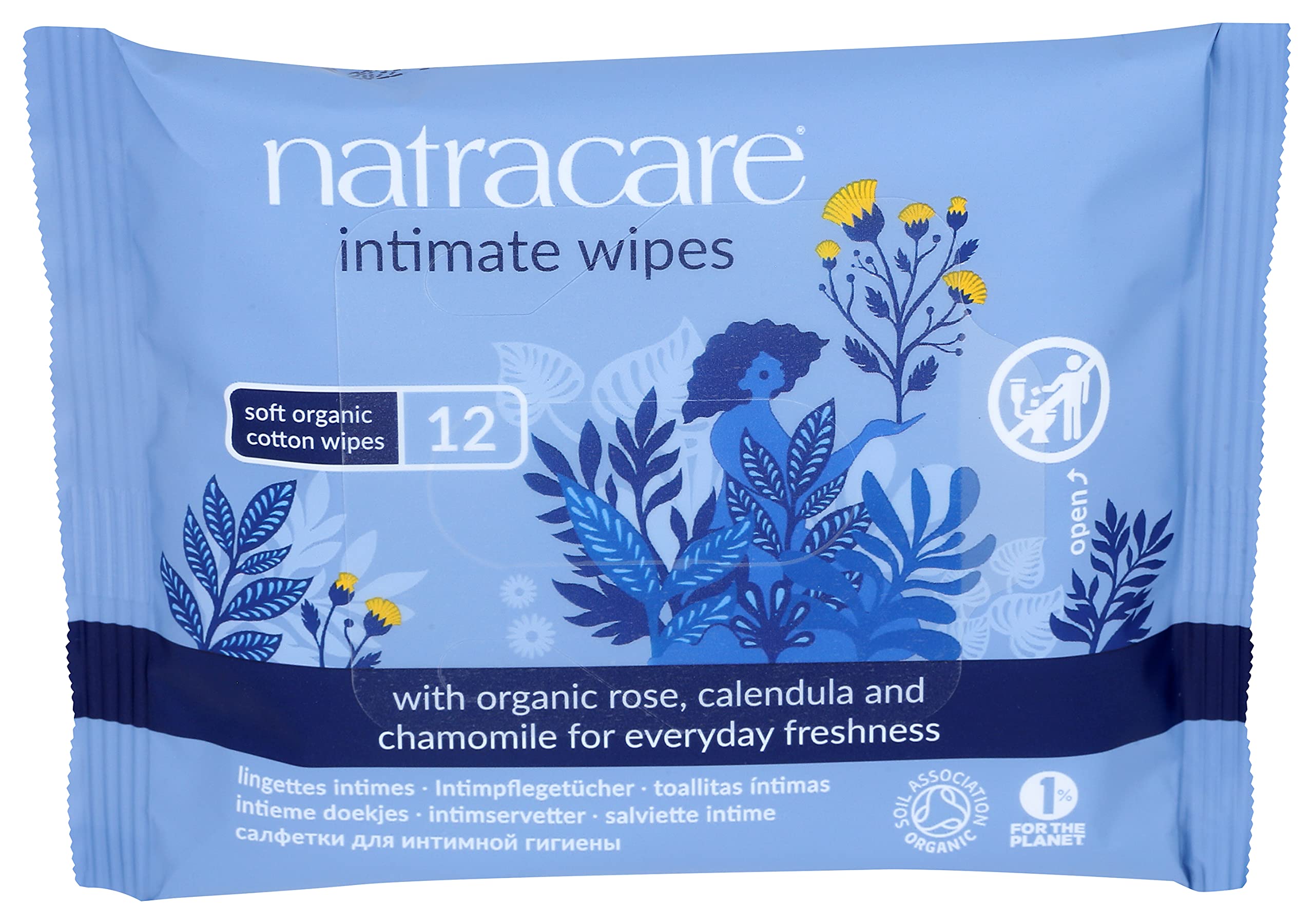 Natracare Organic Cotton Intimate Wipes Infused with Organic Essential Oils of Chamomile, Calendula and French Rose, 12 Wipes pe