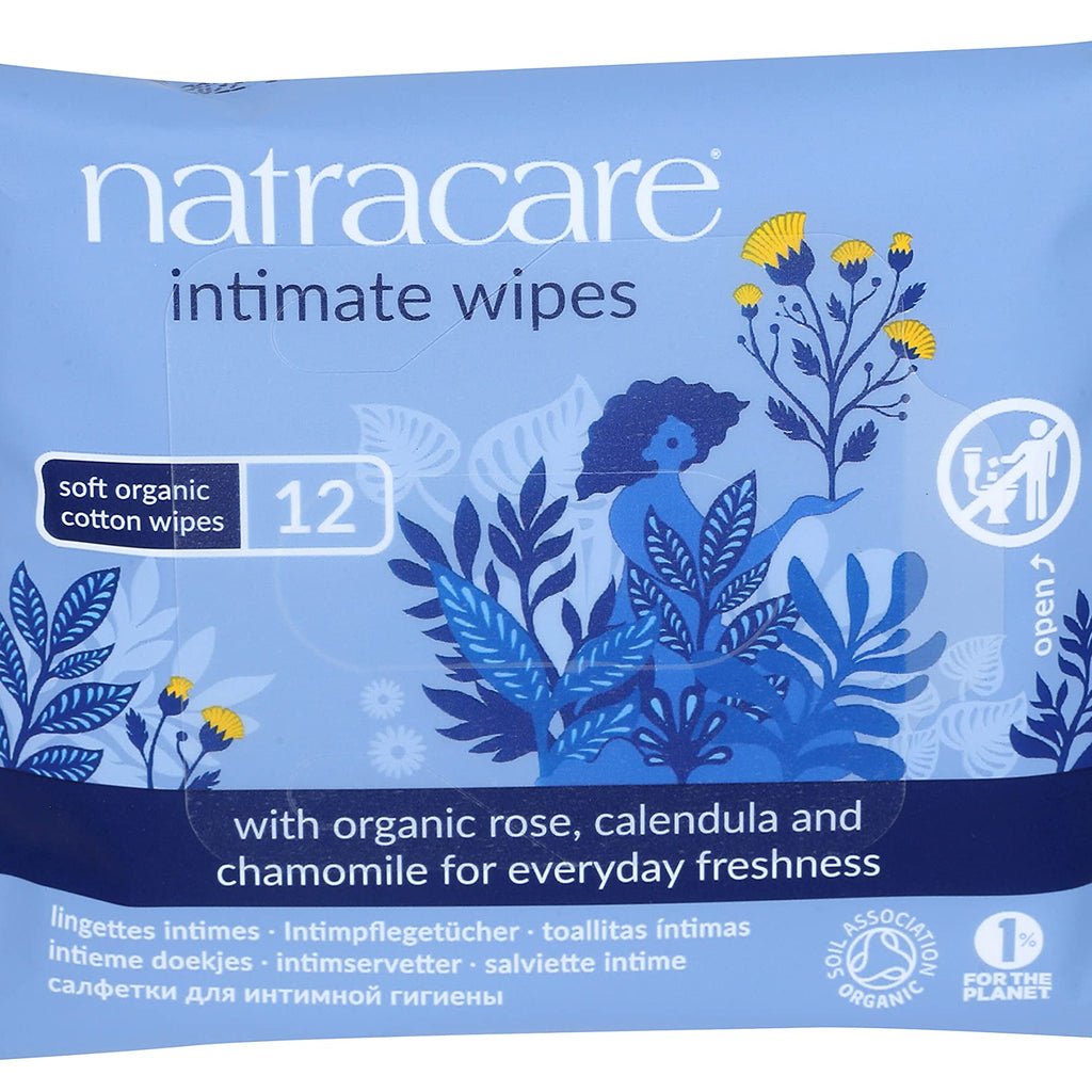 Natracare Organic Cotton Intimate Wipes Infused with Organic Essential Oils of Chamomile, Calendula and French Rose, 12 Wipes pe