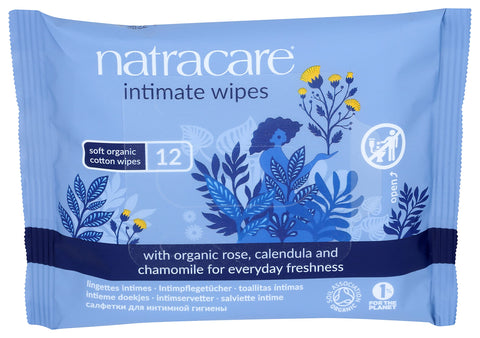 Natracare Organic Cotton Intimate Wipes Infused with Organic Essential Oils of Chamomile, Calendula and French Rose, 12 Wipes pe