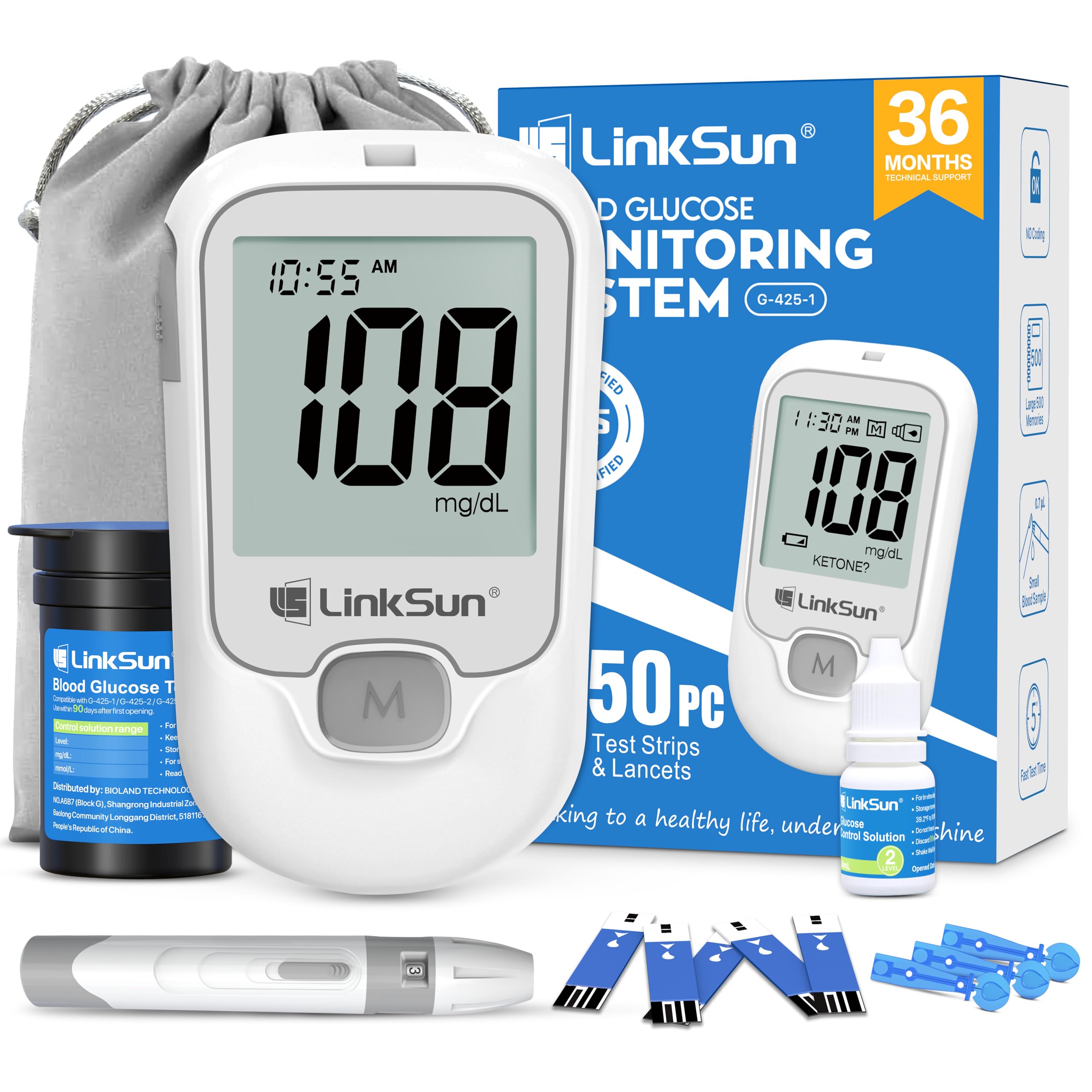 LinkSun G-425-1 Blood Glucose Monitor Kit, 50 Test Strips, 50 Lancets, 1 Control Solution, 1 Blood Sugar Monitor, 1 Lancing Devi