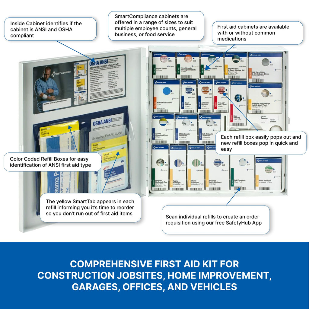 First Aid Only 50-Person SmartCompliance First Aid Kit for Businesses, ANSI A+ Compliant Metal First Aid Cabinet with Medication