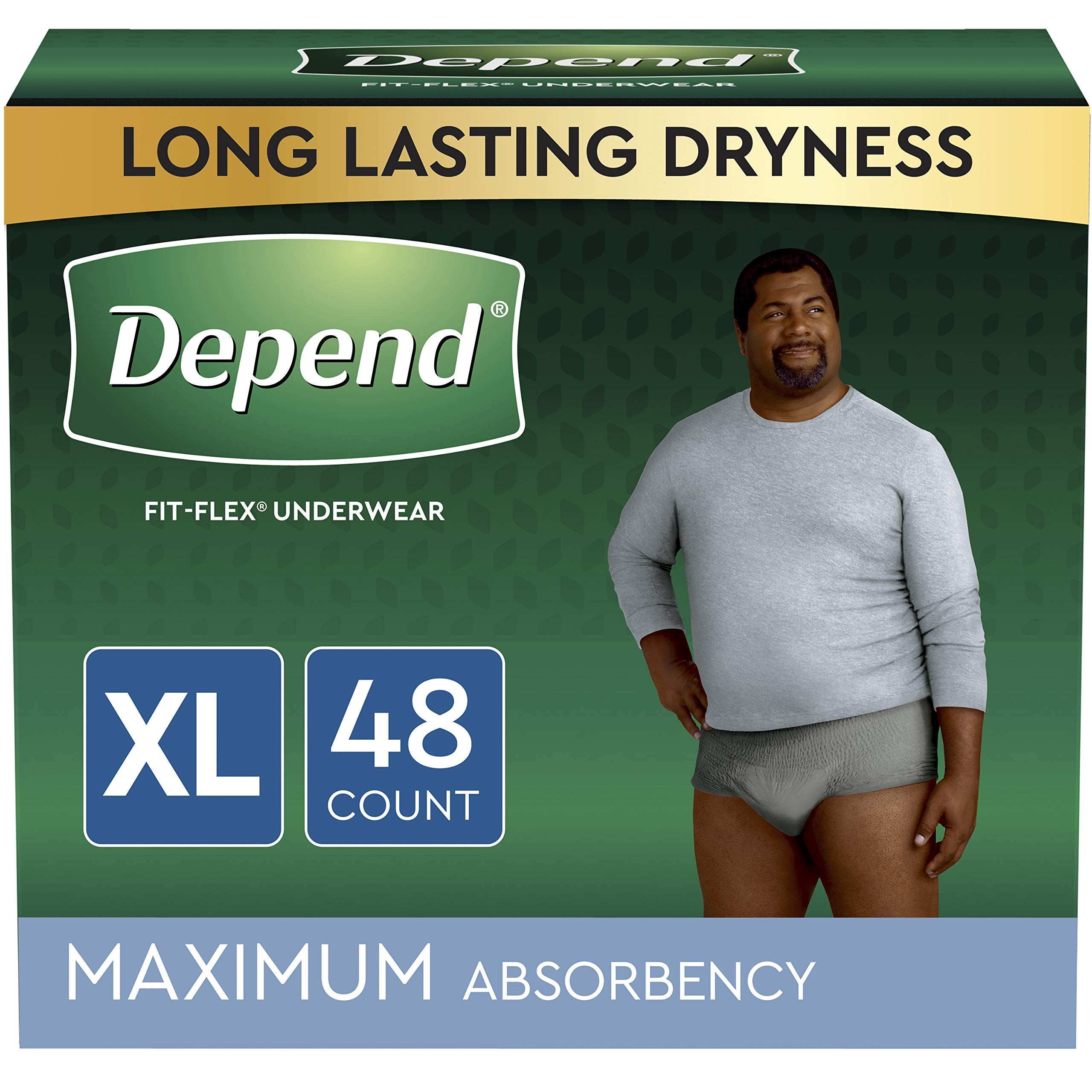 Depend FIT-FLEX Incontinence Underwear for Men, Maximum Absorbency, Disposable, Extra-Large, Grey, 48 Count (2 Packs of 24) (Pac
