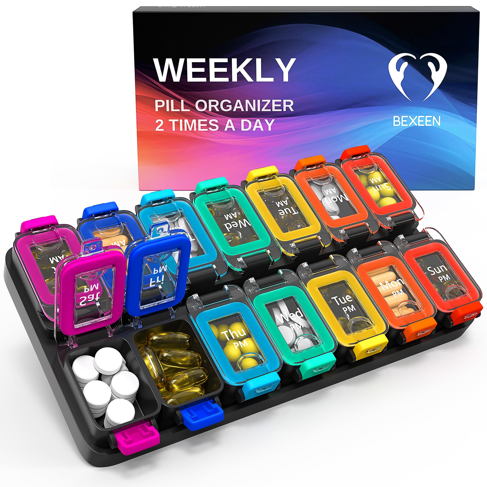 Large Weekly Pill Organizer 2 Times a Day - AM/PM Medicine Organizer with Thick Silicone Seal, Upgraded Secure Locks, Moisture-P