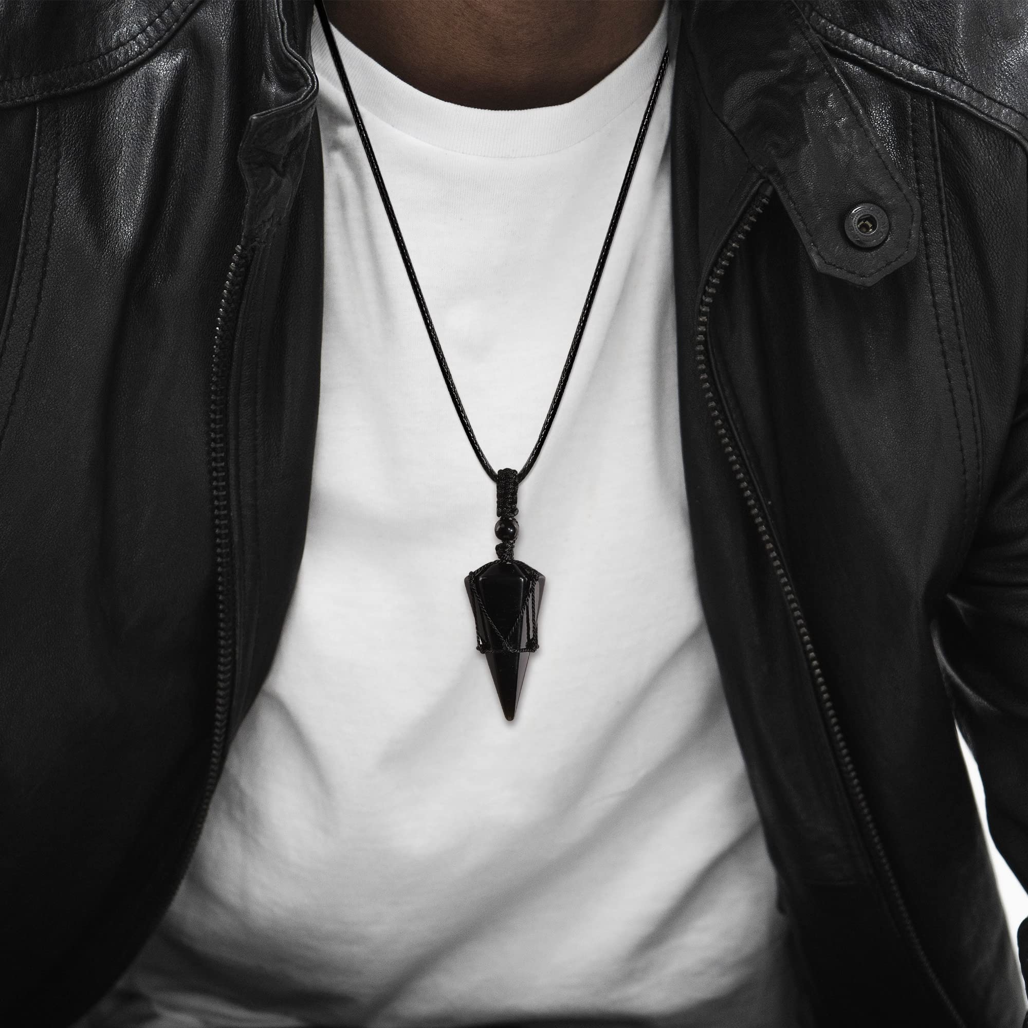Top Plaza 6 Facet Reiki Healing Crystal Black Obsidian Stone Pointed Pendant Necklaces Adjustable Natural Gemstone Necklace Reik