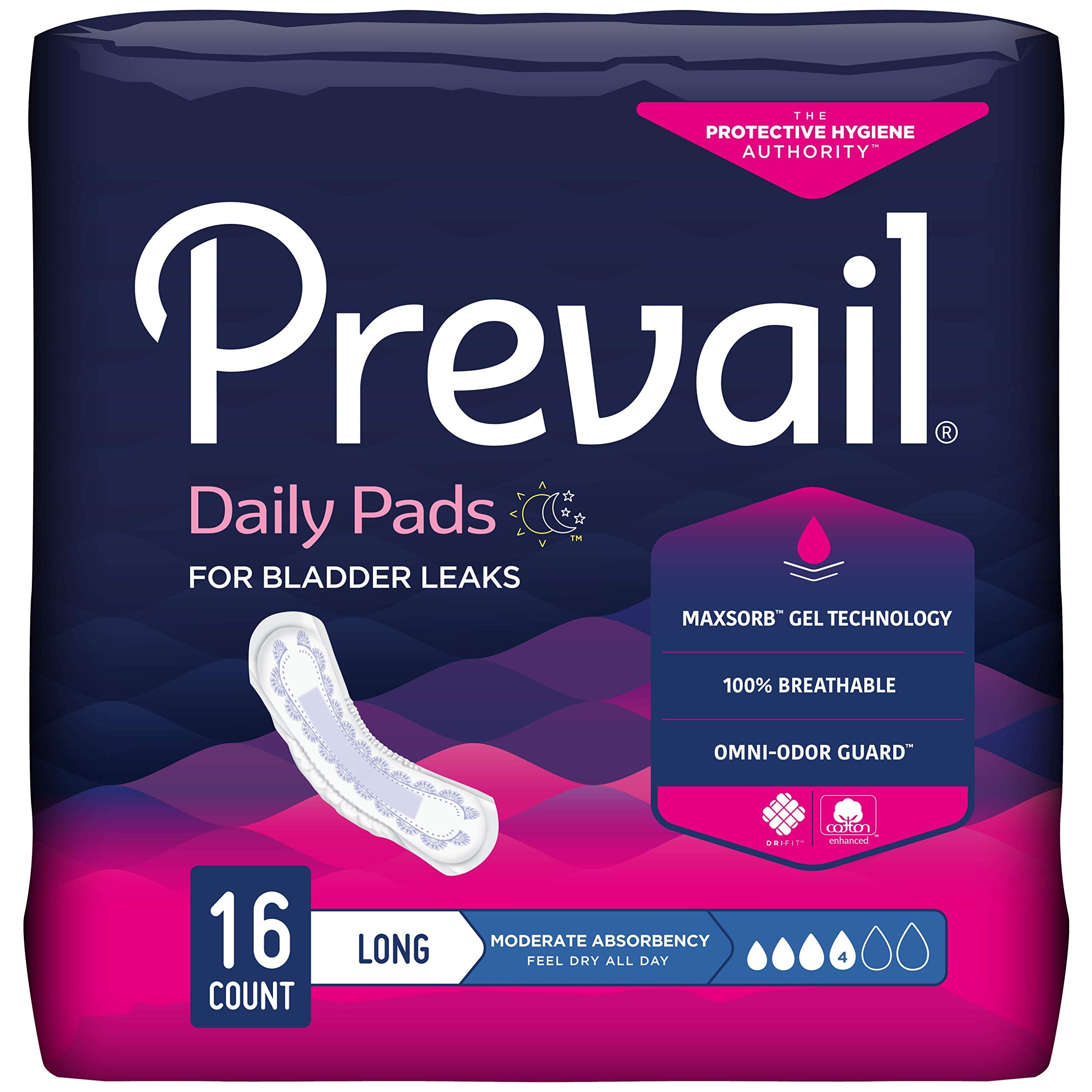 Prevail Feminine Pads, Moderate Long, 16 Count, Discreet Comfort, Reliable Bladder Leakage Protection, Innovative Design