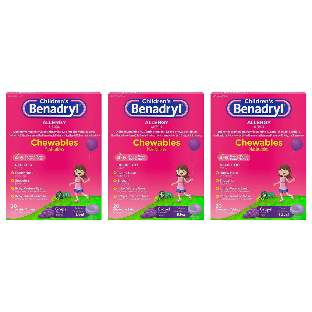 Benadryl Childrens Allergy Chewables with Diphenhydramine HCl, Antihistamine Chewable Tablets in Grape Flavor, Three Pack, 3 x 