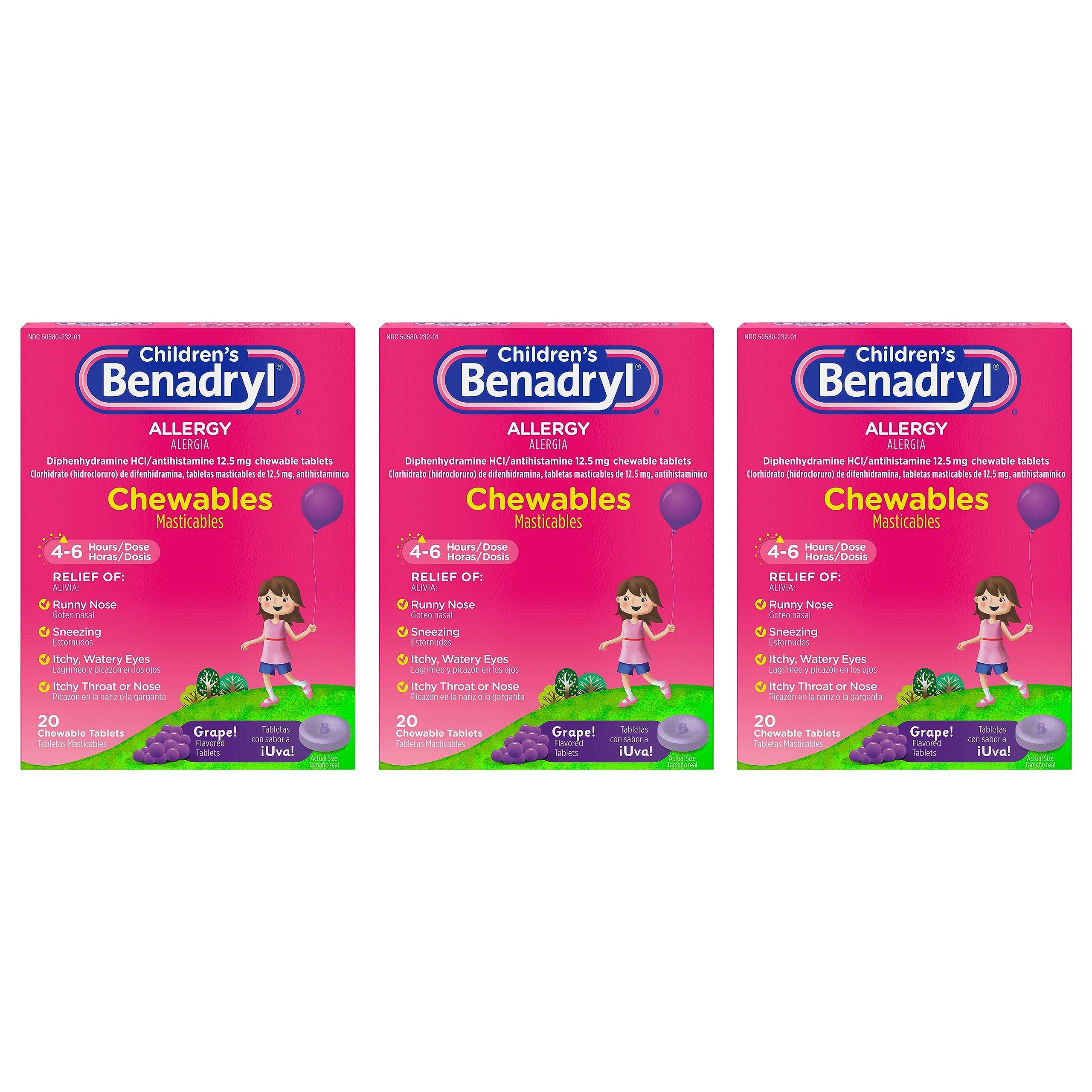 Benadryl Childrens Allergy Chewables with Diphenhydramine HCl, Antihistamine Chewable Tablets in Grape Flavor, Three Pack, 3 x 