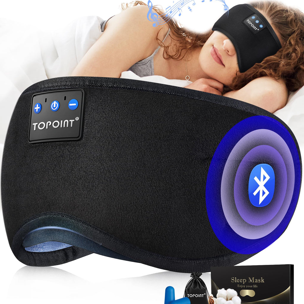 TOPOINT Sleep Mask with Headphones Bluetooth 5.2 Wireless, Sleep Headphone with Microphone Built-in HD Speakers Music, Eye Mask 