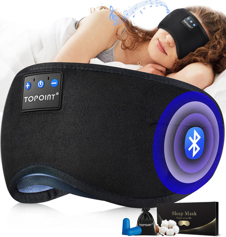 TOPOINT Sleep Mask with Headphones Bluetooth 5.2 Wireless, Sleep Headphone with Microphone Built-in HD Speakers Music, Eye Mask 
