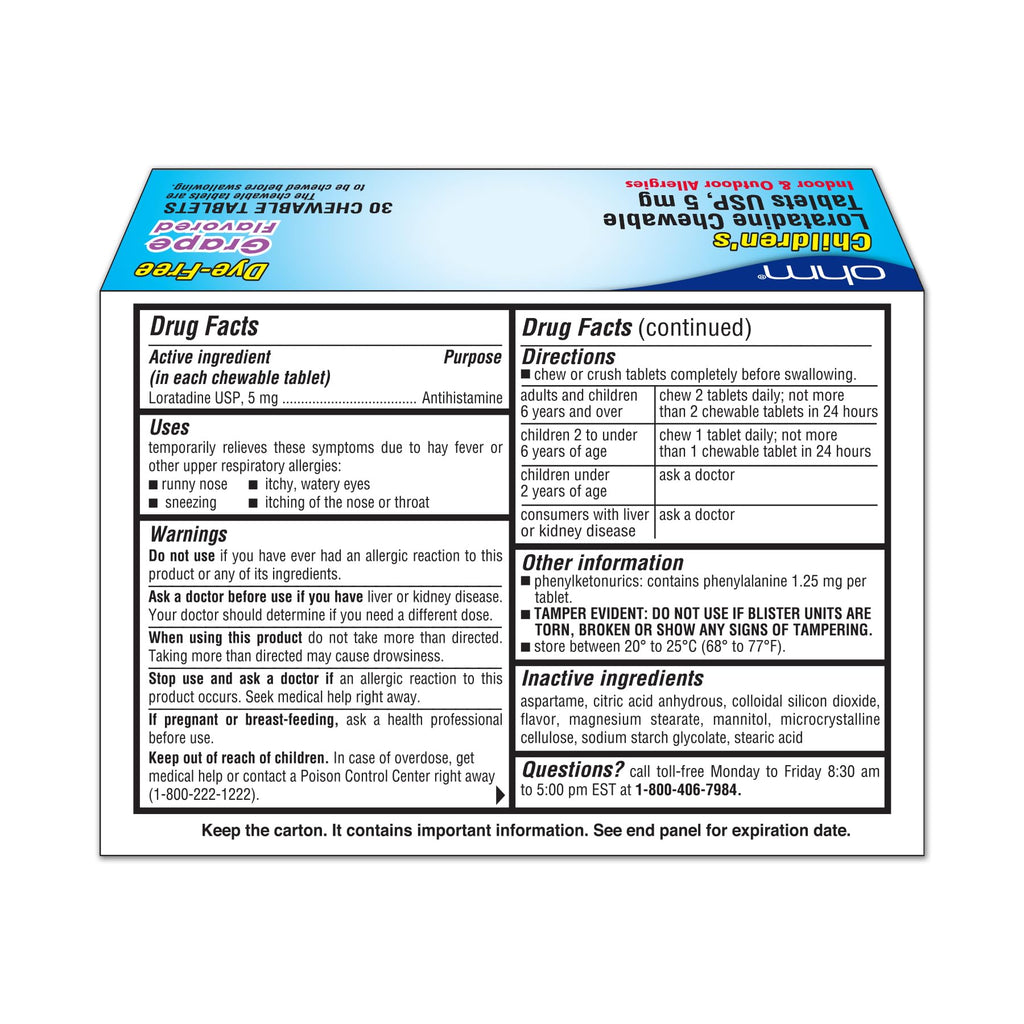 Ohm Childrens Chewable Tablets, Dye Free, Grape, Non-Drowsy 24h Antihistamine, Indoor & Outdoor Allergies, 5mg, 30 Tablets (30 C