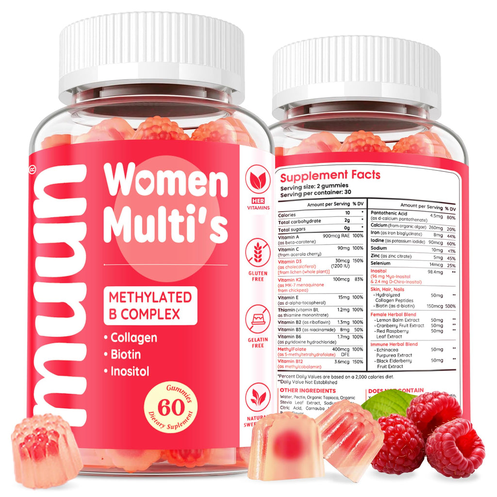 Muun Women's Multivitamin Gummy 60 Ct, Methylated B-Complex, Beauty & Energy - Sugar Free, Low Iron, Folate, Biotin, Inositol, V
