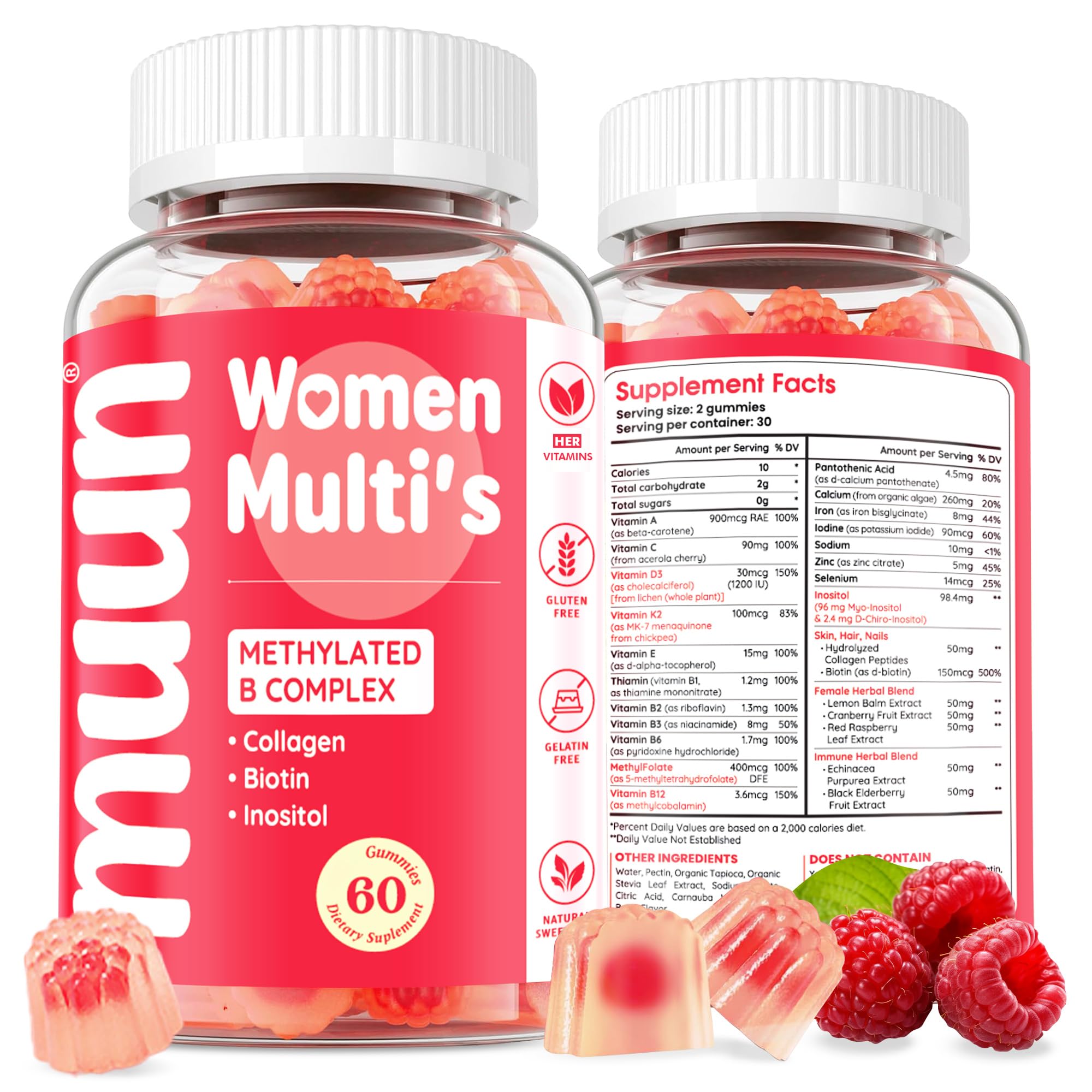 Muun Women's Multivitamin Gummy 60 Ct, Methylated B-Complex, Beauty & Energy - Sugar Free, Low Iron, Folate, Biotin, Inositol, V