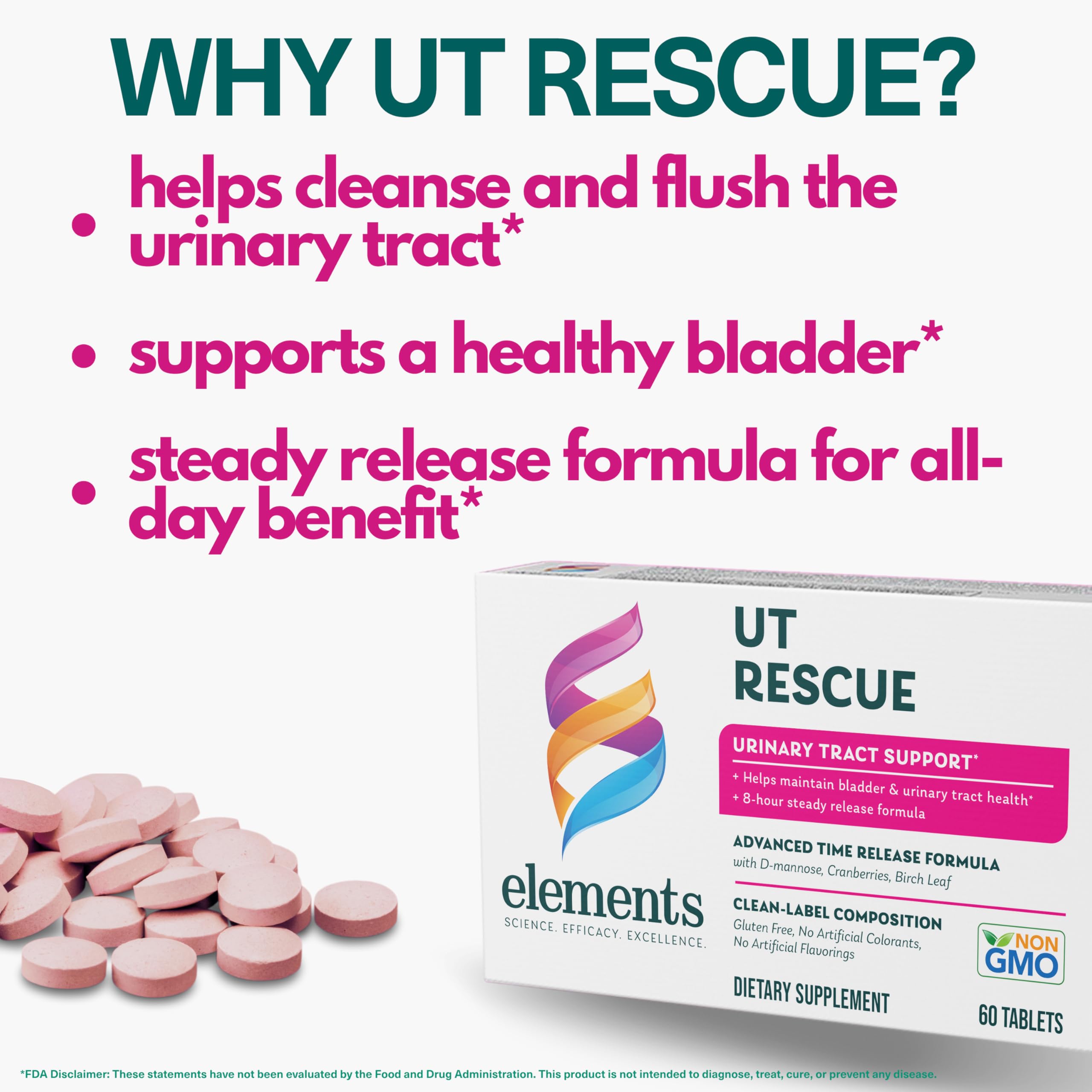Elements UT Rescue, 60 Tablets (30 Day Supply), Urinary Tract Support Supplement, Bladder and Urinary Tract Health Support and C