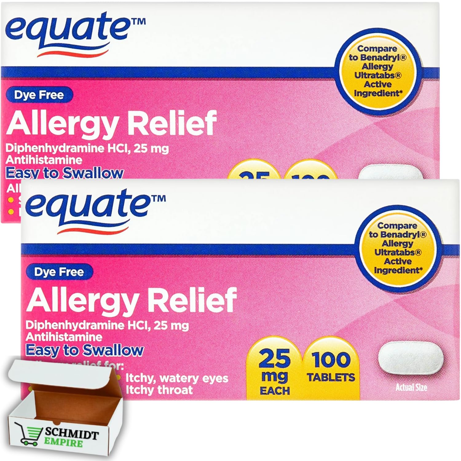 SCHMIDT EMPIRE Equate Dye-Free Allergy Relief 25 mg, 100ct Tablets (Pack of 2)