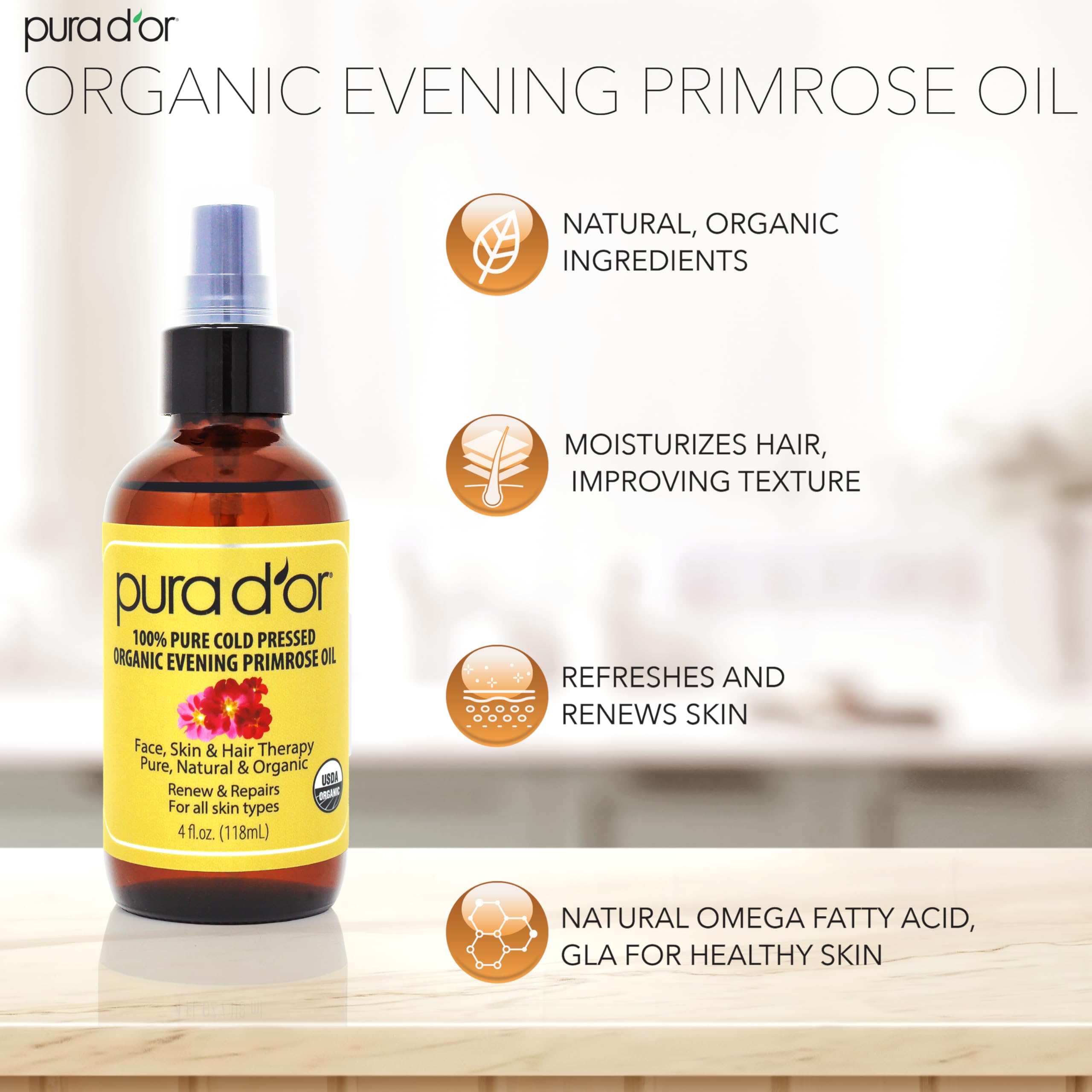 PURA DOR Organic Evening Primrose Oil (4oz) 100% Pure Cold Pressed w/Natural Essential Fatty Acids & Antioxidant Rich - Moistur