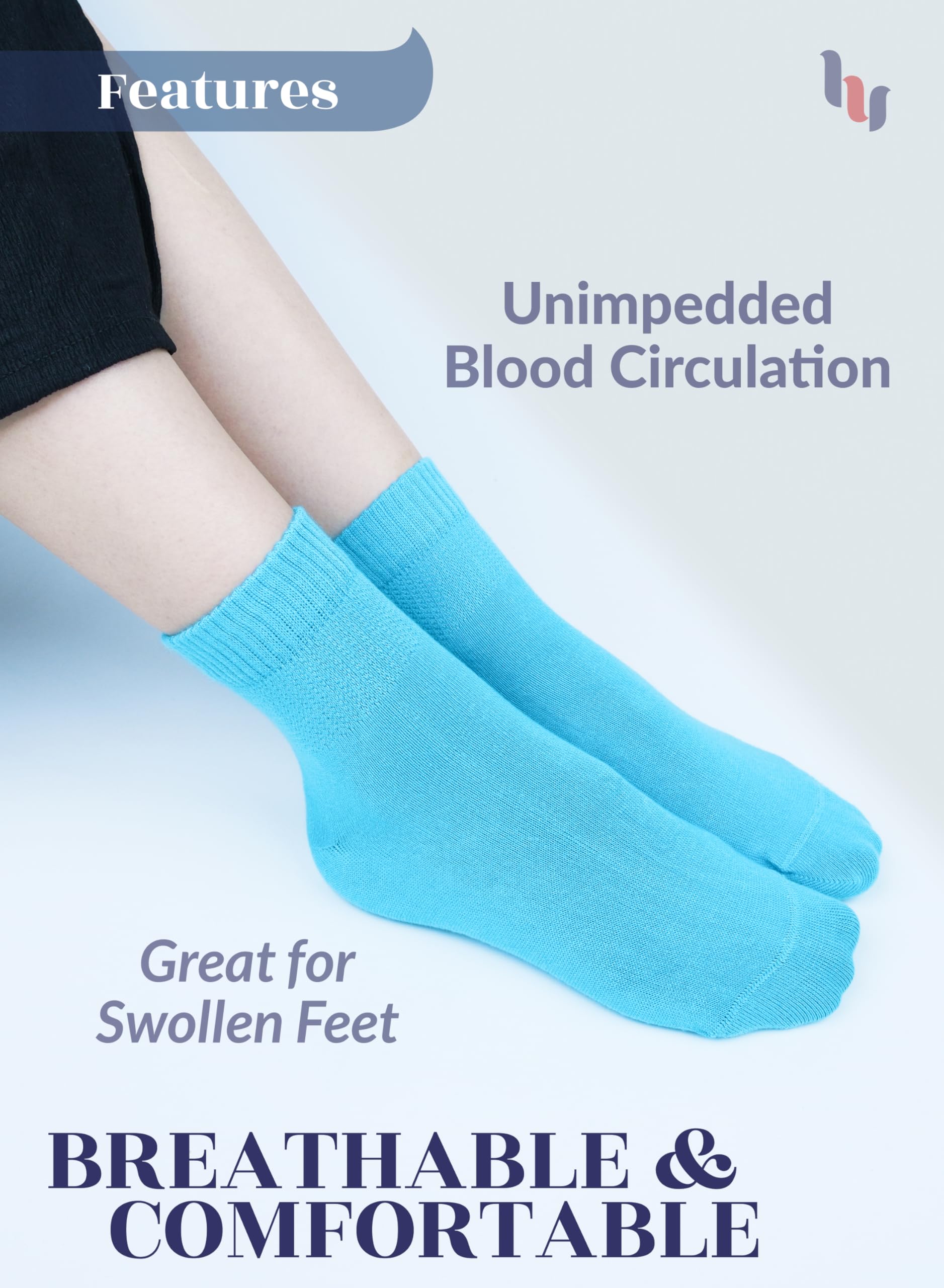 Hugh Ugoli Women Diabetic Ankle Socks, Super Soft & Thin Bamboo Socks, Wide & Loose, Non-Binding Top & Seamless Toe, 4 Pairs, Bl