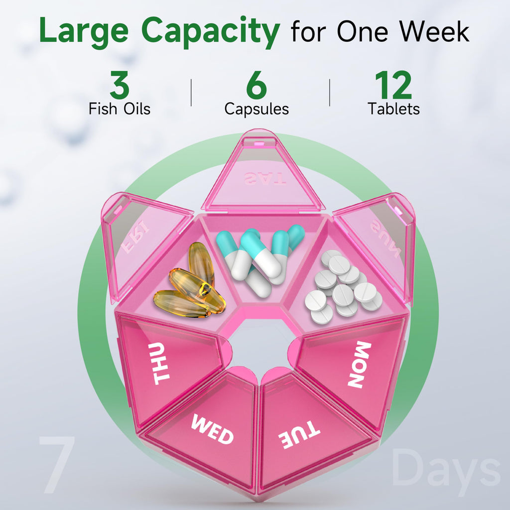 Weekly Pill Organizer, 2 Pack Portable Pill Box Medicine case 6 Colors (Seven Day) New Edition for Vitamin/Fish Oil/Pills/Supple