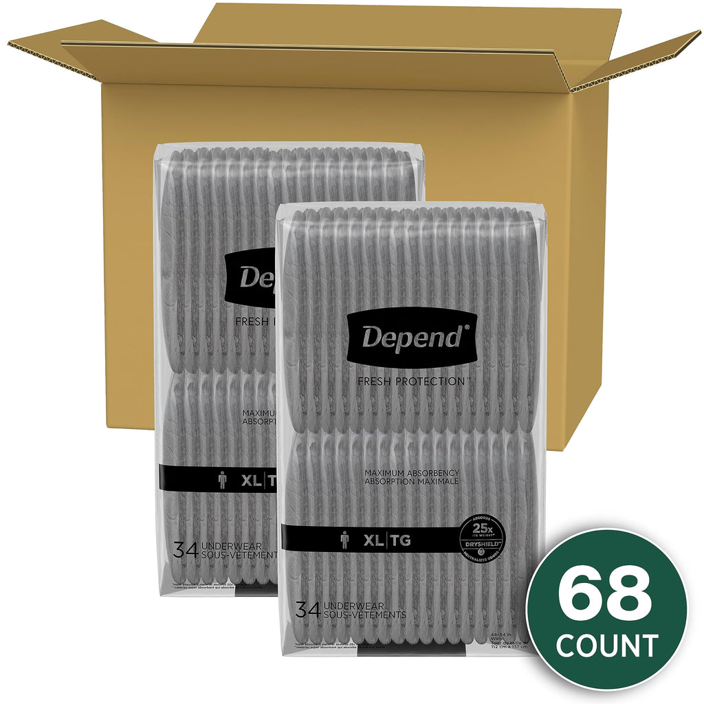Depend Fresh Protection Adult Incontinence Underwear for Men, Disposable, Maximum, Extra-Large, Grey, 68 Count (2 Packs of 34),