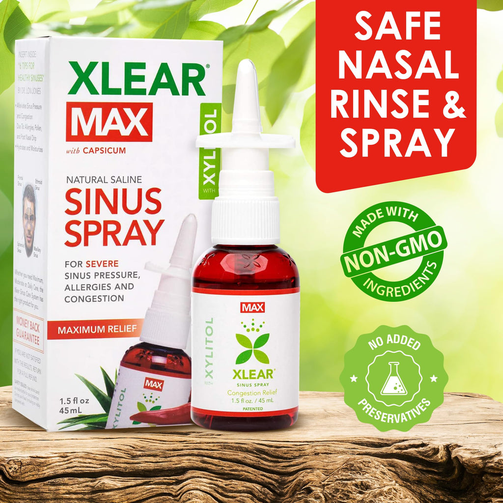 Xlear MAX Saline Nasal Spray, Natural Formula with Xylitol, Capsicum and Aloe, Nasal Decongestant for Sinus Pressure, Headache,