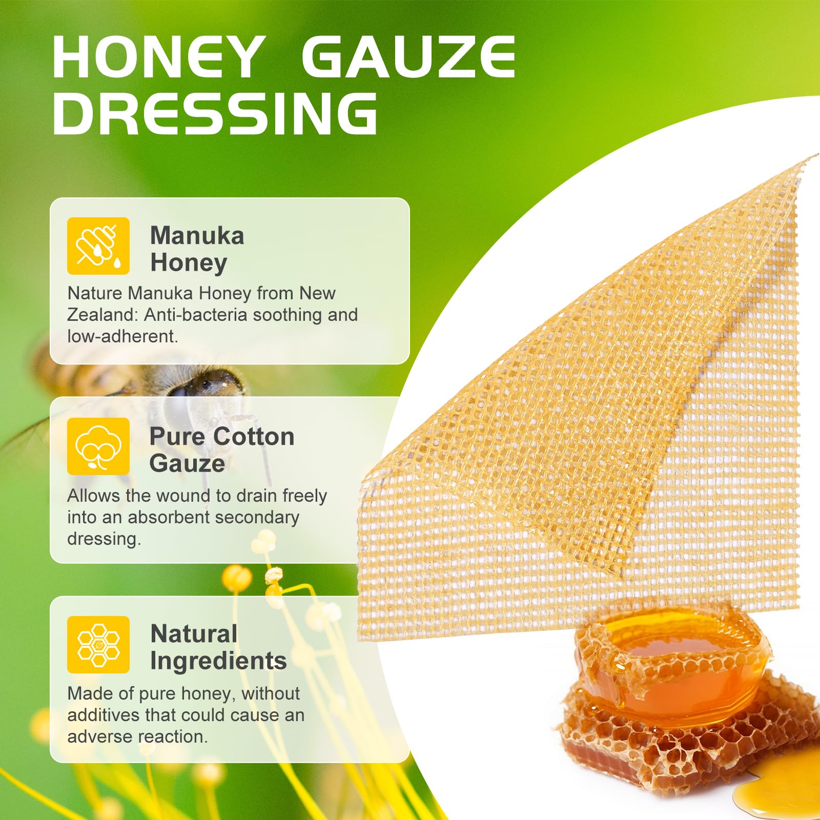 OPTITEKNIK Manuka Honey Gauze Dressing 2x2 Pack of 10, Manuka Honey Wound Care Bandage for Cuts, Scalds and Burns, Wound Dressin