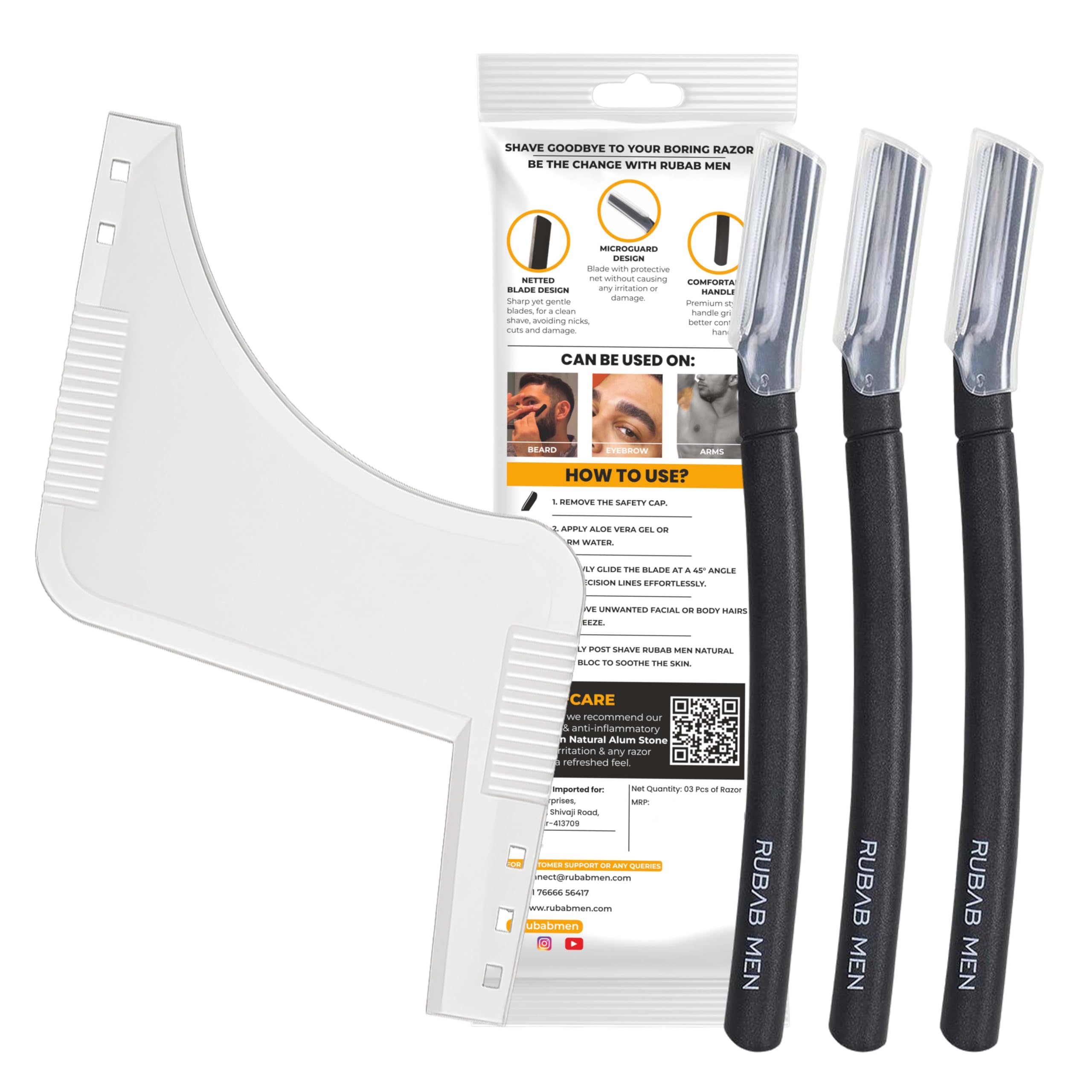 Rubab Men Transparent Beard Shaper + 3 Precision Beard Razor Pen Combo | Beard Line Shaping Tool For Neck, Face & Sideburn Styli