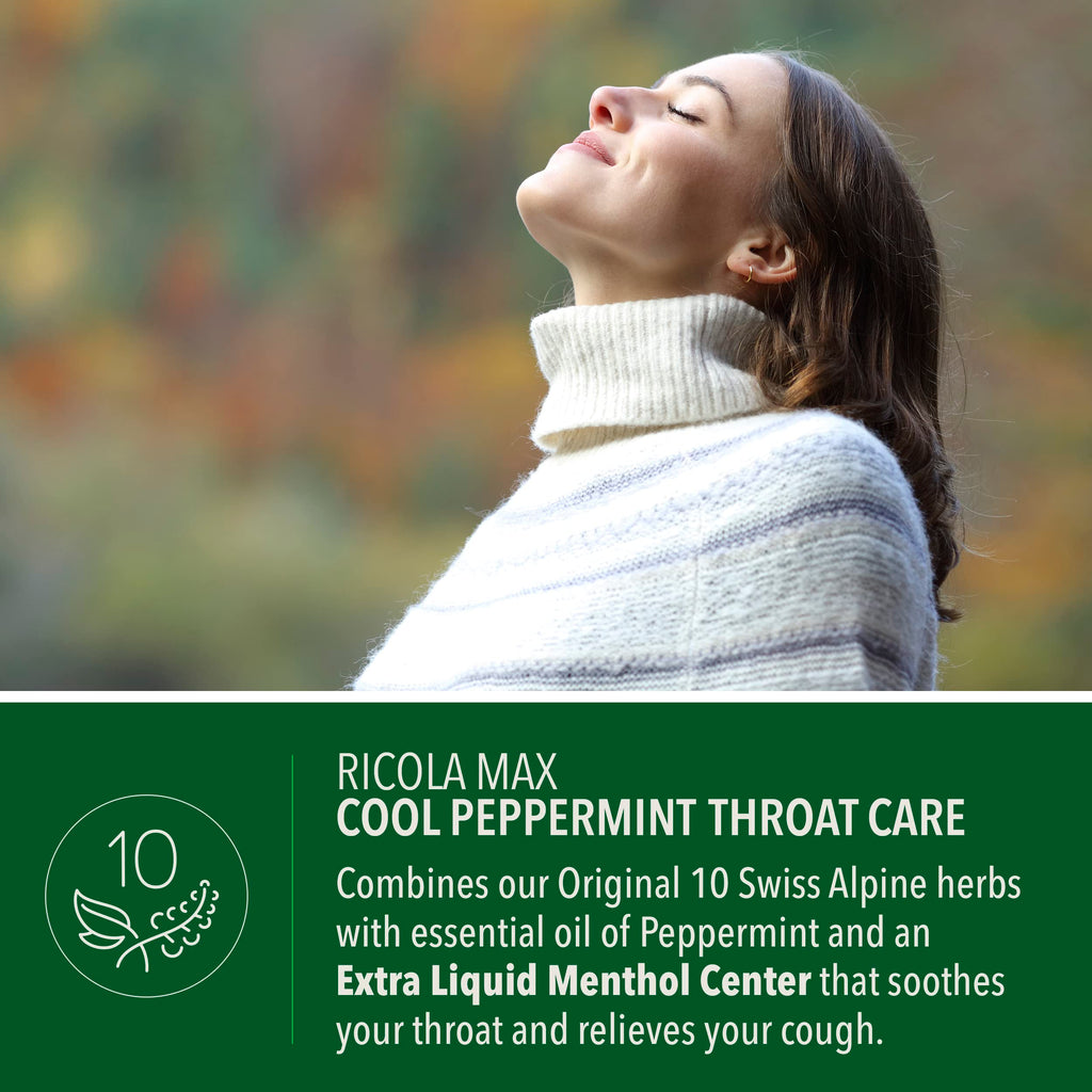 Ricola Max Cool Peppermint Throat Care Large Bag | Cough Suppressant Drops | Dual Action Liquid Center | Soothing Long-Lasting R