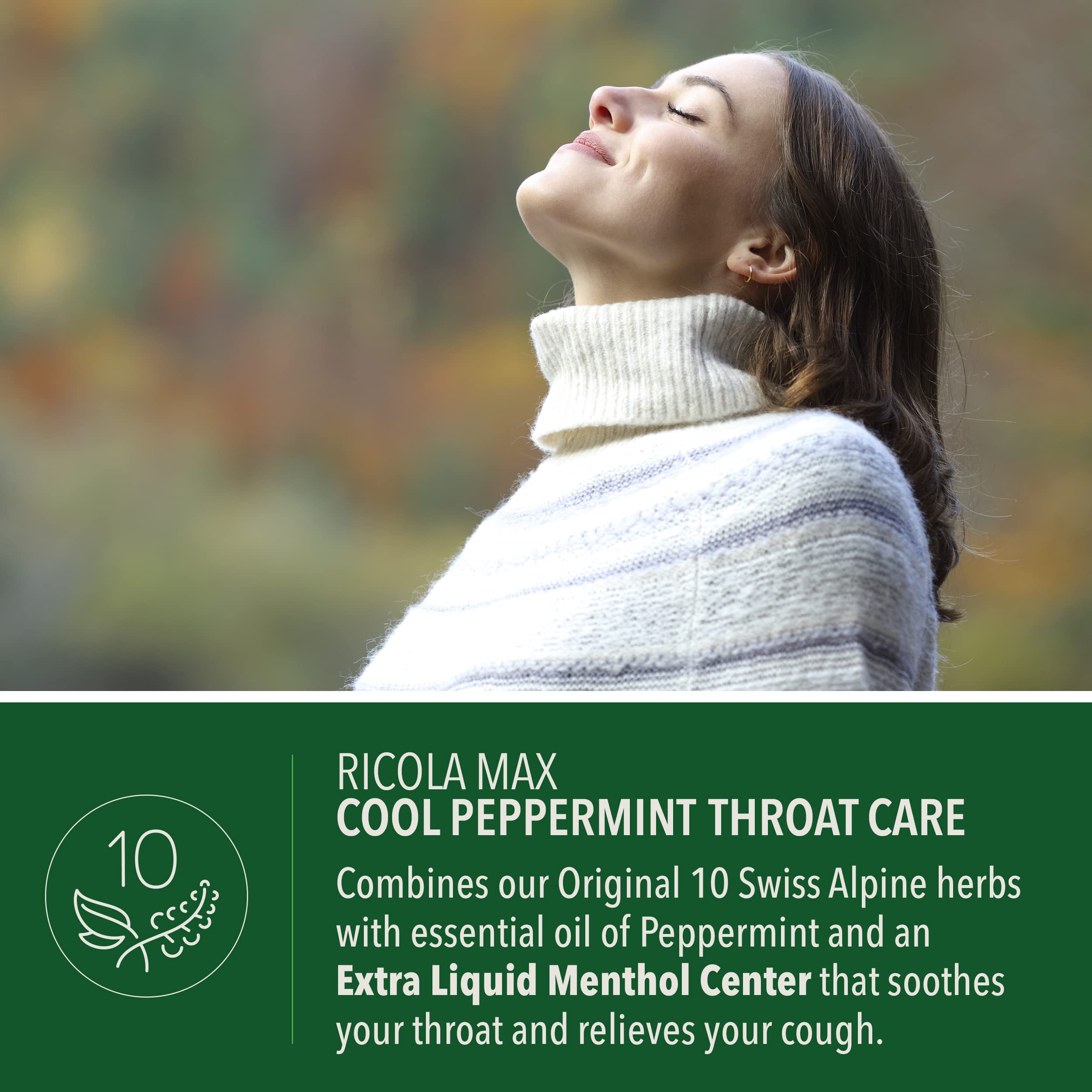 Ricola Max Cool Peppermint Throat Care Large Bag | Cough Suppressant Drops | Dual Action Liquid Center | Soothing Long-Lasting R