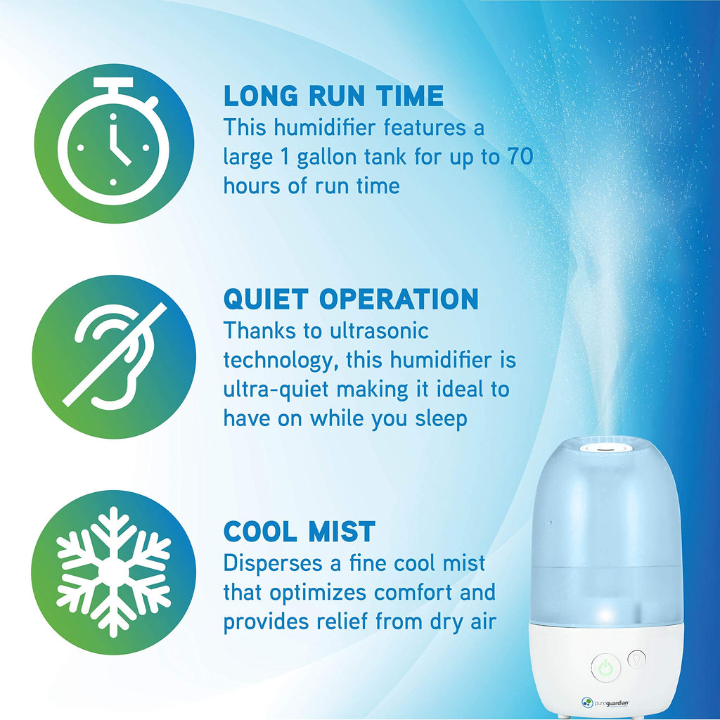 PureGuardian Ultrasonic Cool Mist Humidifier with Aromatherapy Tray, 70-Hour Run Time, 1-Gallon Tank Capacity, 320 Sq. Ft. Cover
