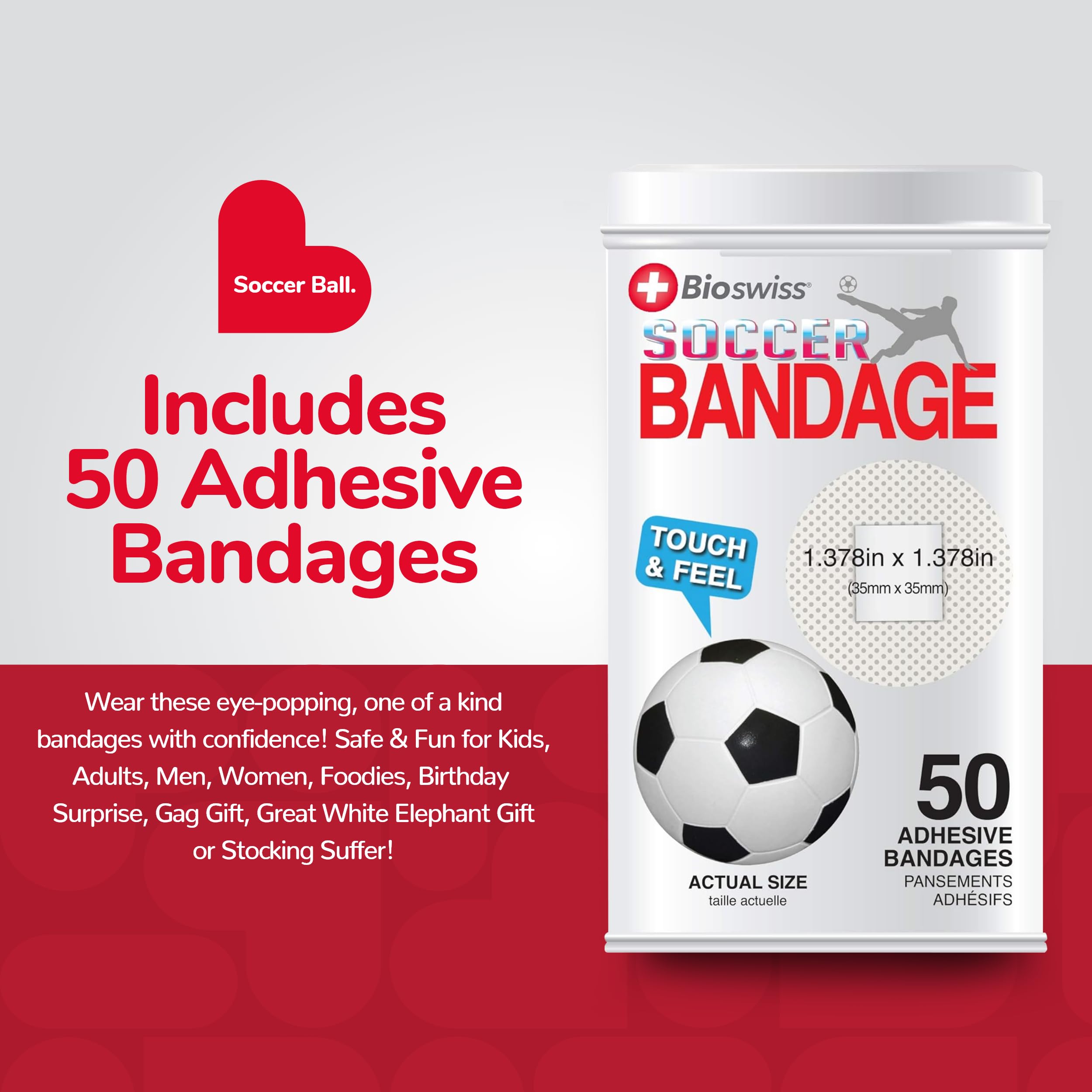 BioSwiss Bandages, Soccer Ball Shaped Self Adhesive Bandage, Latex Free Sterile Wound Care, Fun First Aid Kit Supplies for Kids,