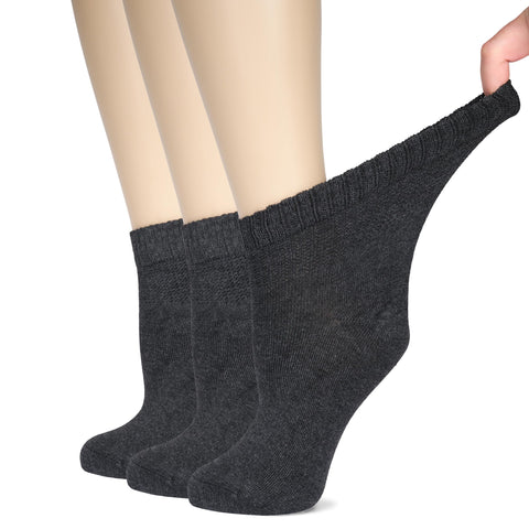 Hugh Ugoli Women's Bamboo Ankle Loose Fit Diabetic Socks, Soft, Seamless Toe, Wide Stretchy, Non-Binding Top, 3 Pairs, Charcoal,