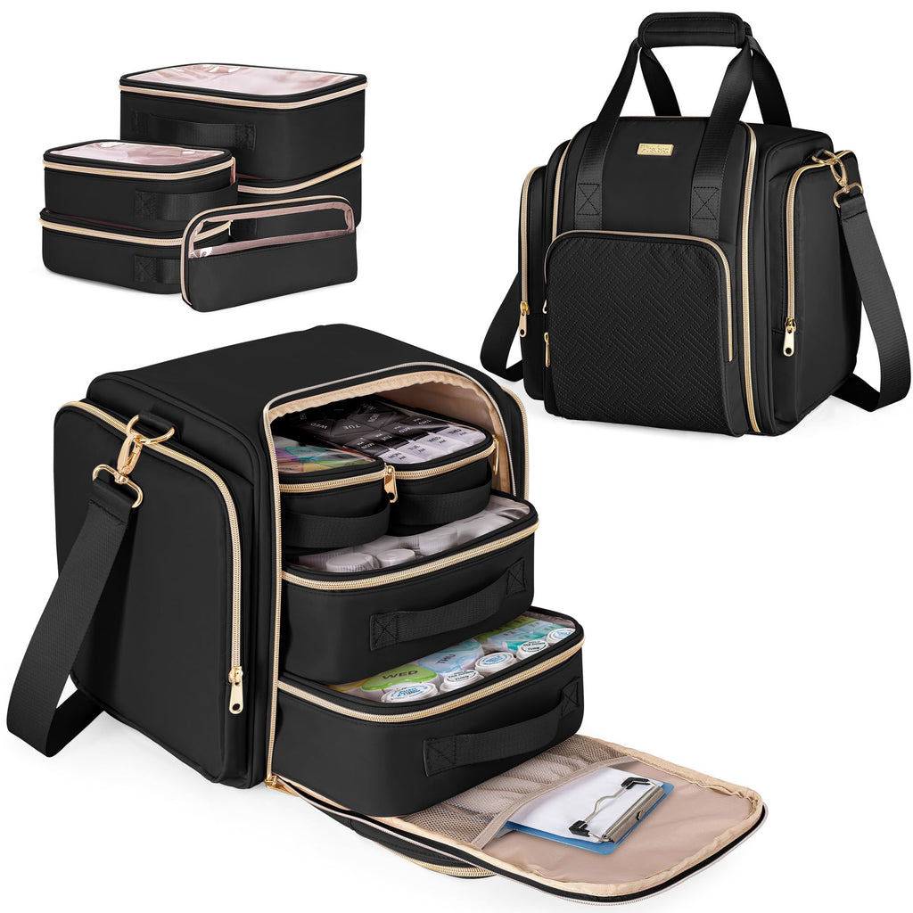 Prokva Medicine Storage Bag with 5 Removable Pouches, Pill Bottle Organizer Bag with Shoulder Strap, Large Medication Travel Bag