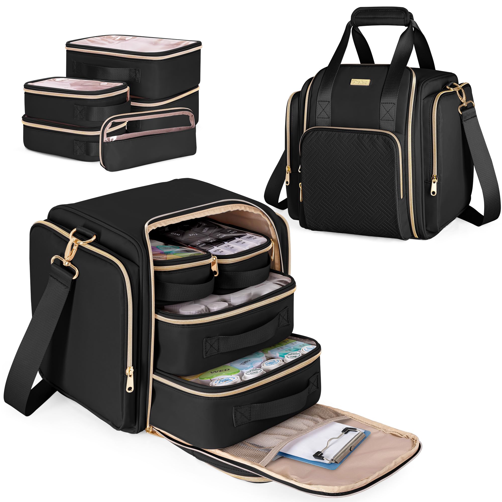 Prokva Medicine Storage Bag with 5 Removable Pouches, Pill Bottle Organizer Bag with Shoulder Strap, Large Medication Travel Bag
