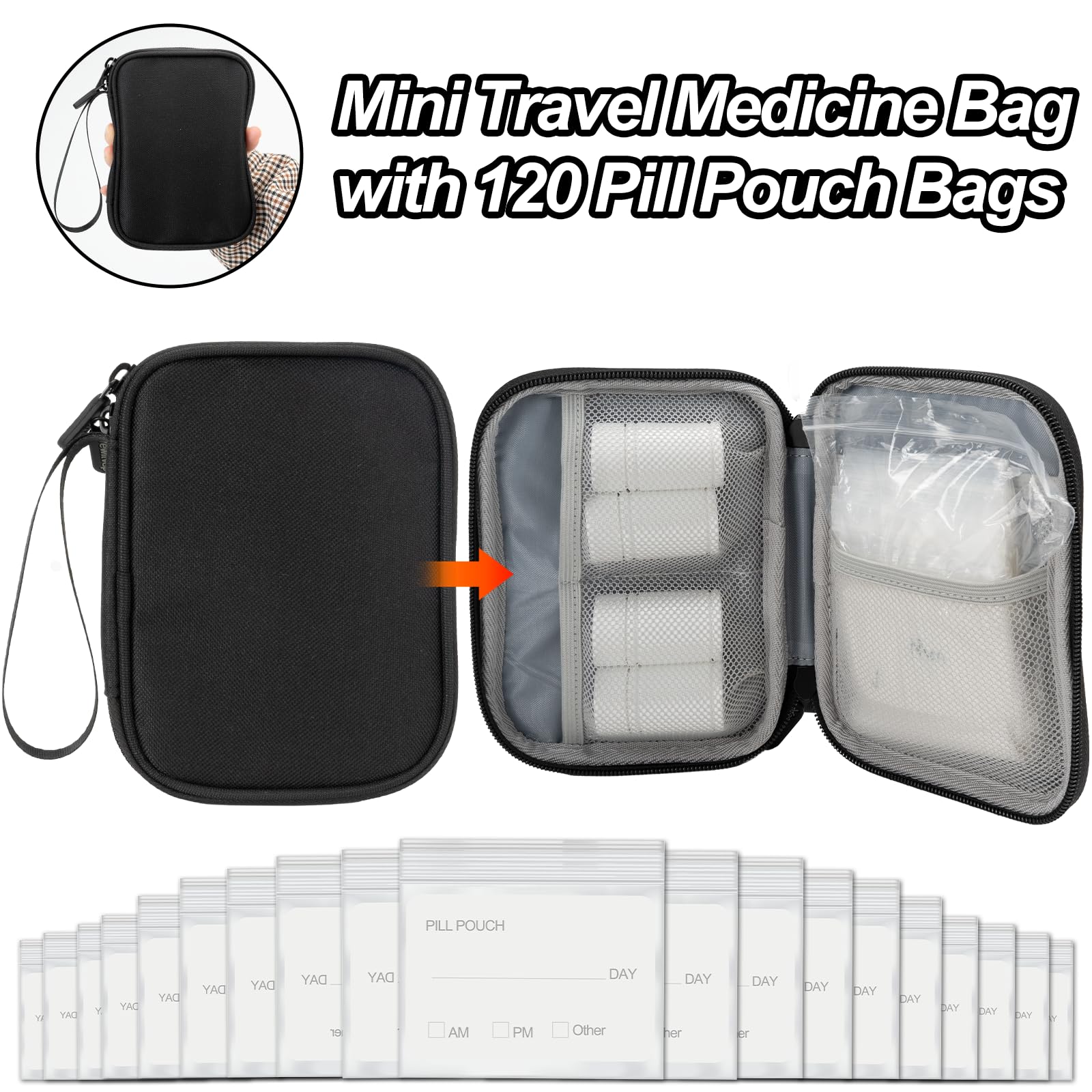 Medicine Organizer Bag, Dual Layers Pill Bottle Organizer Storage Bag with Adjustable Divide, Medication Travel Bag for Pills, V