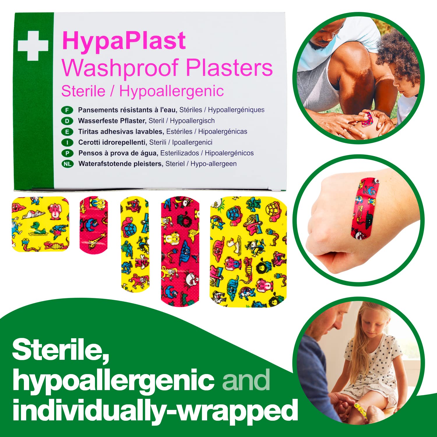 Safety First Aid Group HypaPlast Children's Washproof Plasters, Assorted (Pack of 100) Sterile Hypallergenic