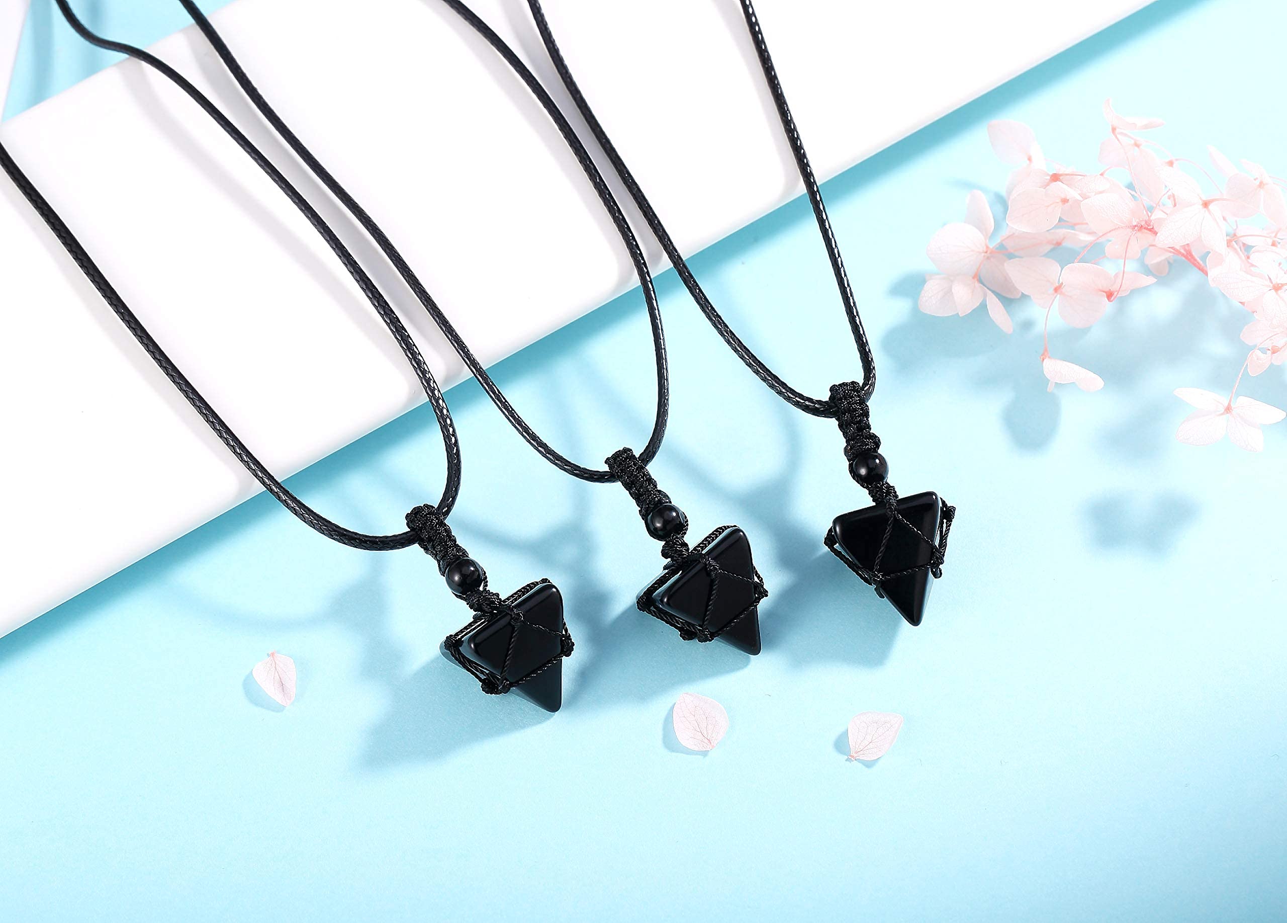 XIANNVXI Black Obsidian Healing Crystal Stone Necklace Spirtual Pyramid Gemstone Pendant Necklaces Adjustable Rope Natural Reiki