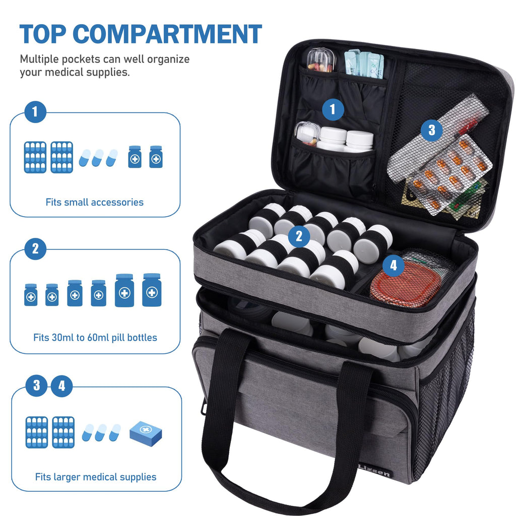 LIZSEN Large Medicine Storage Bag, Double Layer Pill Bottle Organizer Storage Bag with Lockable Zipper, Medication Travel Bag Ca