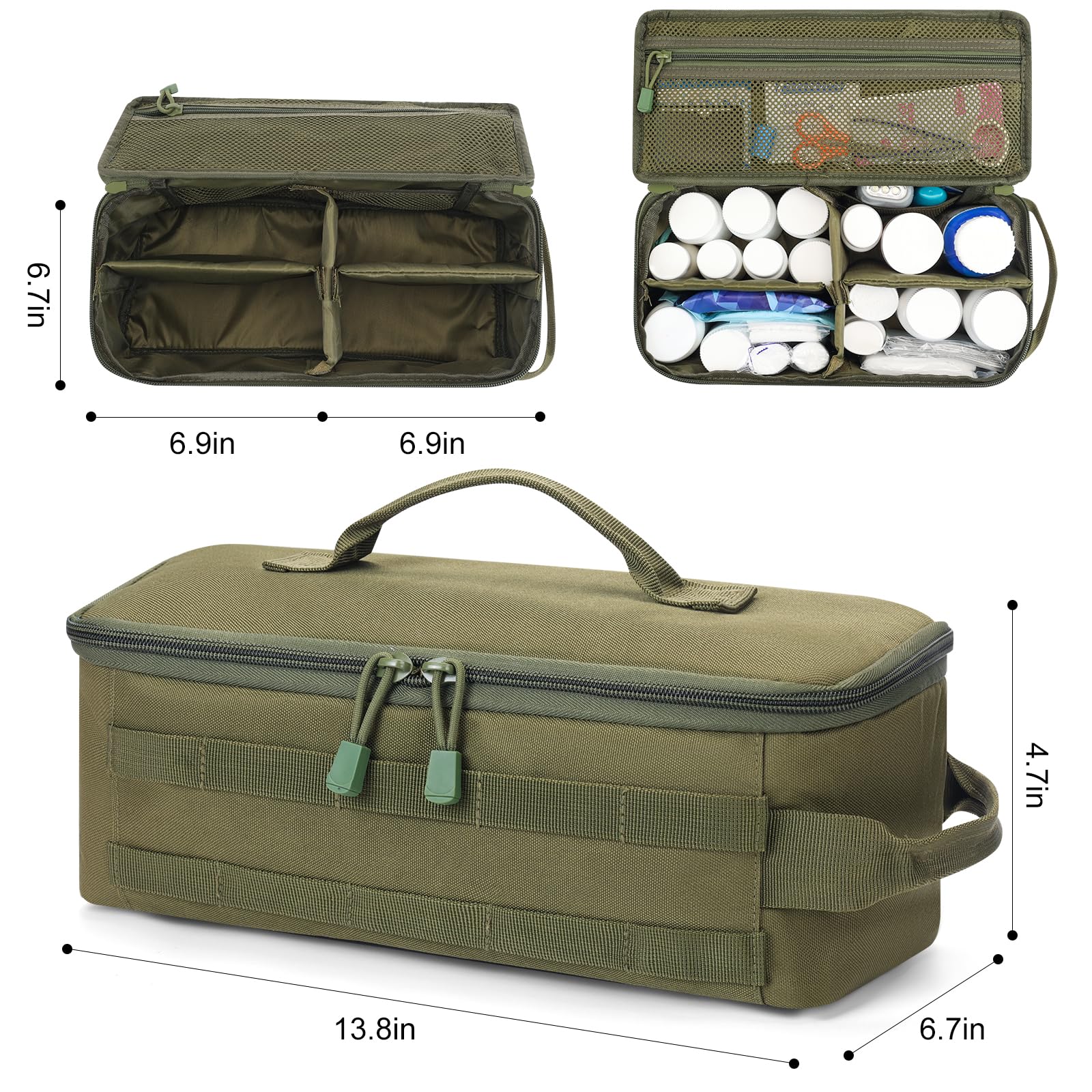 QISVVE First Aid Bag Empty Pill Box Organizer,Tactical Medical Bag Case,Portable EDC Travel Medicine Pill Bottle Organizer (Gree