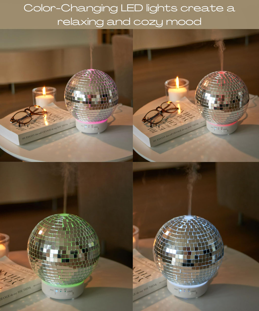 Mirror Ball Diffuser - Reflective Disco Ball Essential Oil Diffuser Spinning with 14 Color-Changing Night Lights | Misting Modes