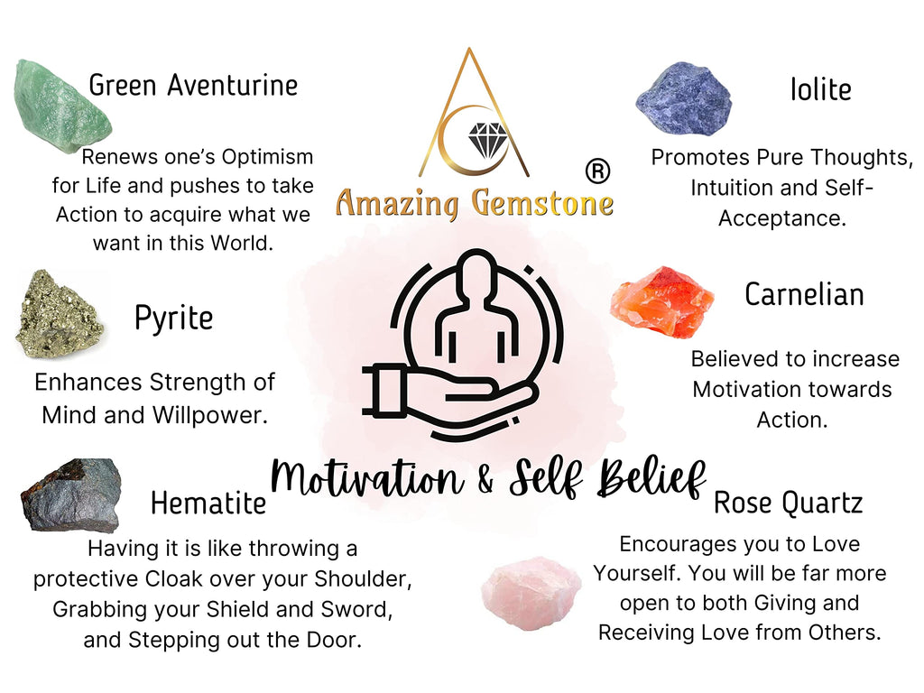 Crystals for Motivation & Self Belief Manifestation, Set of 6 Green Aventurine, Pyrite, Hematite, Iolite, Carnelian and Rose Qua