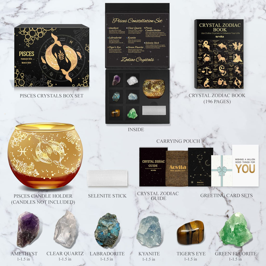 Aovila Pisces Birthday Gifts for Women - Pisces Candle Holder Crystals Birthstones Gifts Box Set - Zodiac Gifts Astrology Horosc