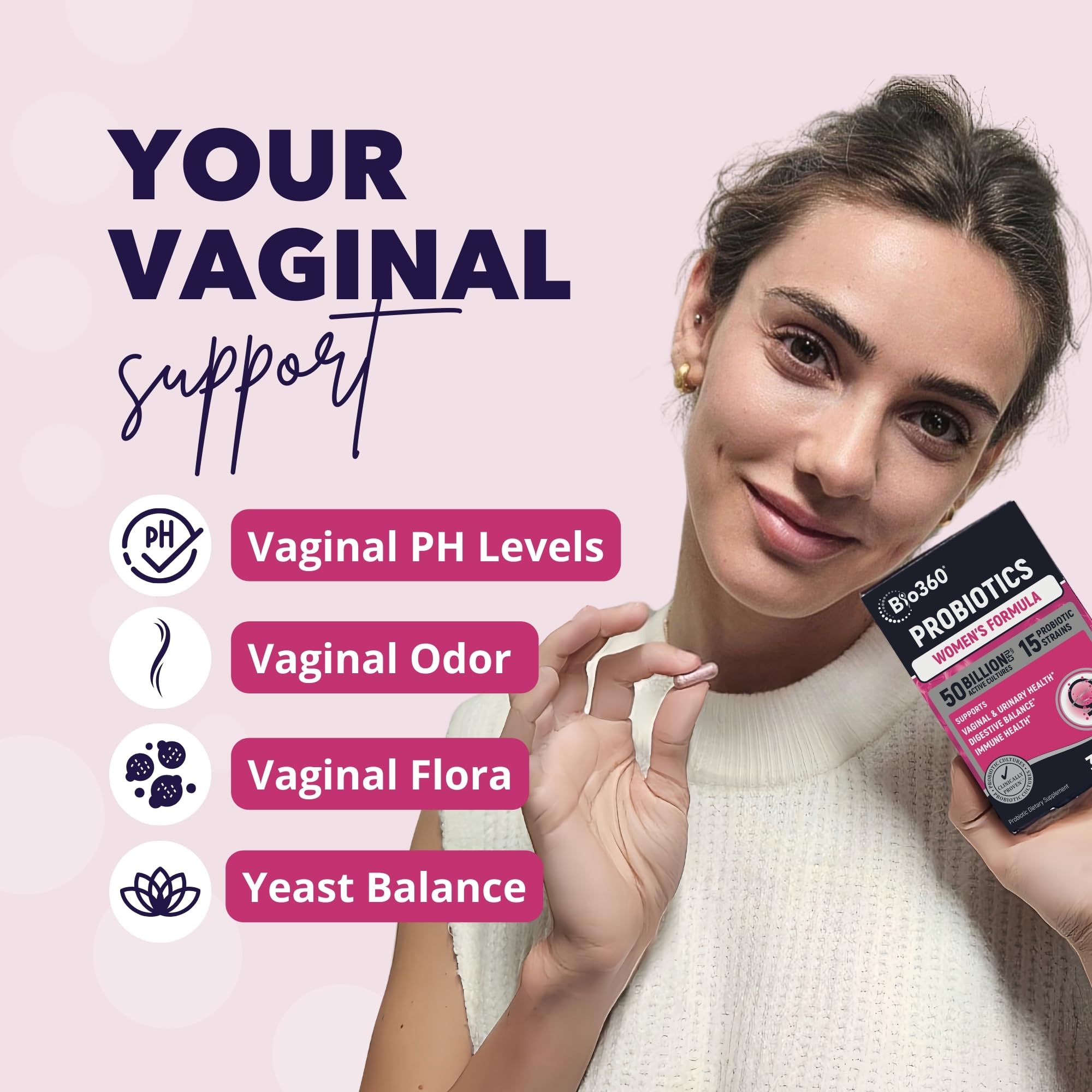 Bio360 Probiotics for Women Vaginigal Health - Supports pH Balance, Vaginal, Urinary, & Digestive Health - 50 Billion CFU & 15 U