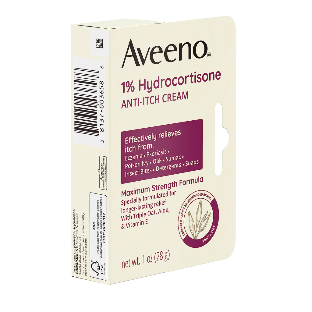 Aveeno Maximum Strength 1% Hydrocortisone Anti-Itch Cream with Pure Oat Essence, Triple Oat Complex, Aloe & Vitamin E, for Itch,