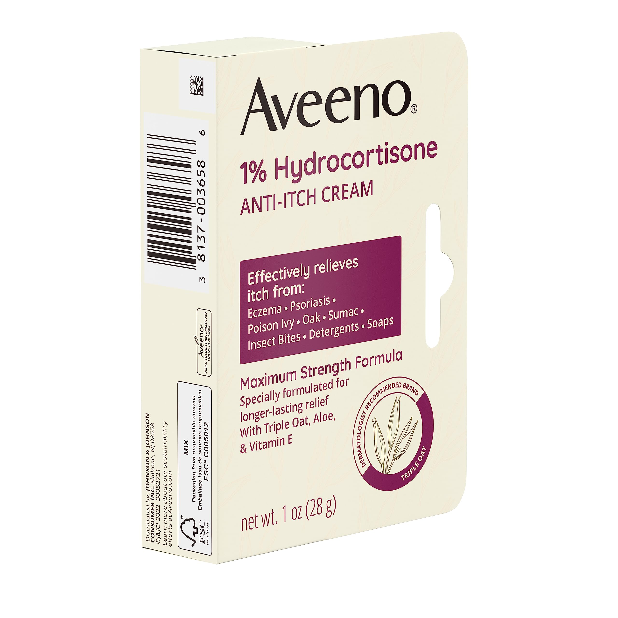 Aveeno Maximum Strength 1% Hydrocortisone Anti-Itch Cream with Pure Oat Essence, Triple Oat Complex, Aloe & Vitamin E, for Itch,