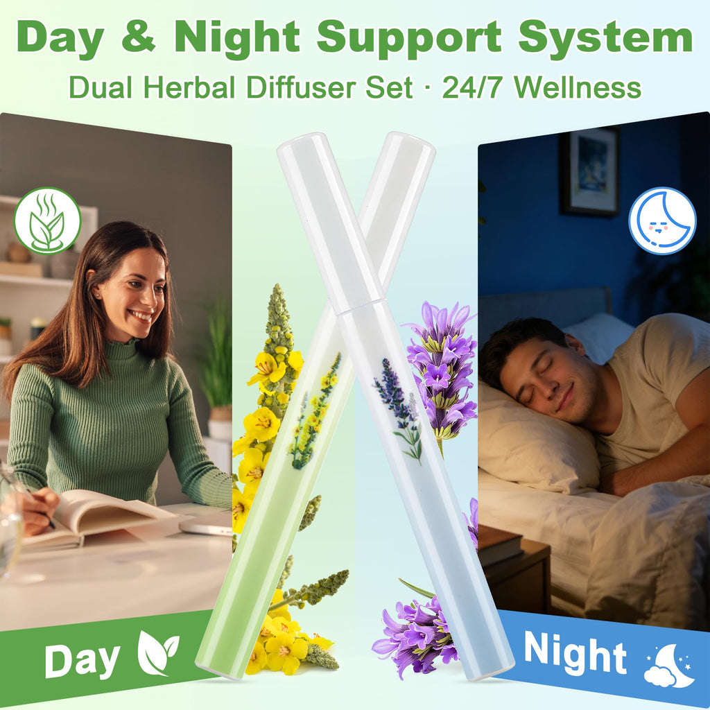 Herbal Diffuser Pen, 2 Pack Mullein & Melatonin Diffuser Pen, Night & Day Relax Duo Set for Fresh Breath & Calm Sleep Support, T